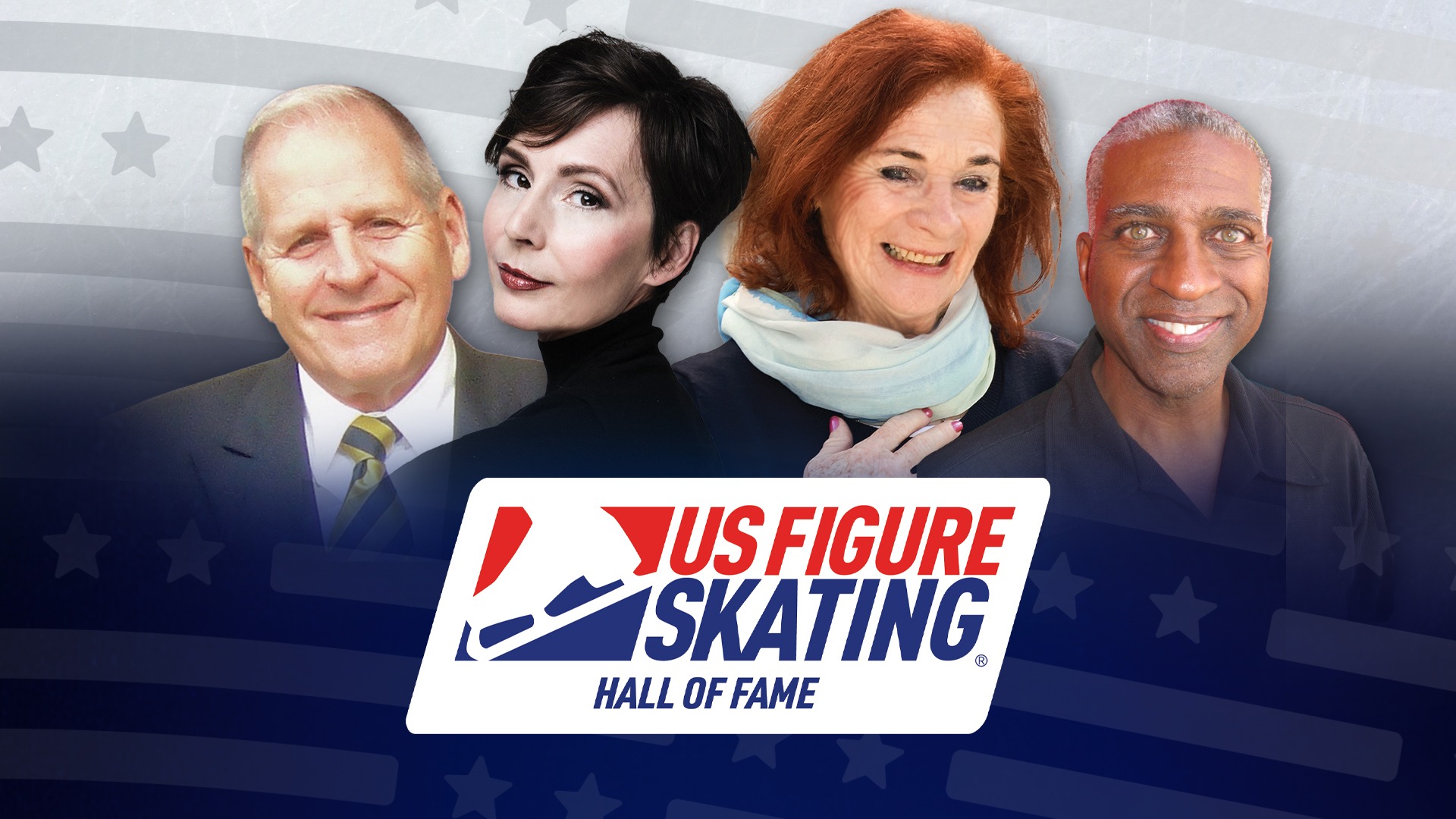 graphic with headshots of Albertina Noyes, Renee Roca, Robert Horen and Atoy Wilson with the U.S. Figure Skating Hall of Fame logo
