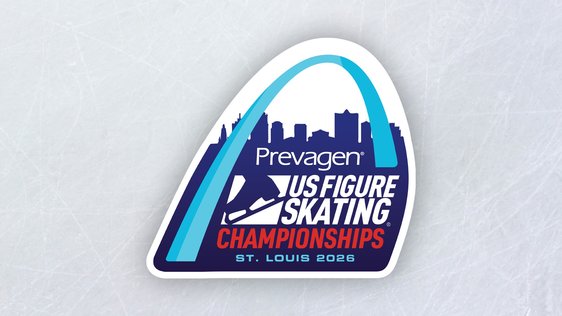 2026 U.S. Figure Skating Championships logo on an ice background. The logo features the St. Louis arch and the text 
