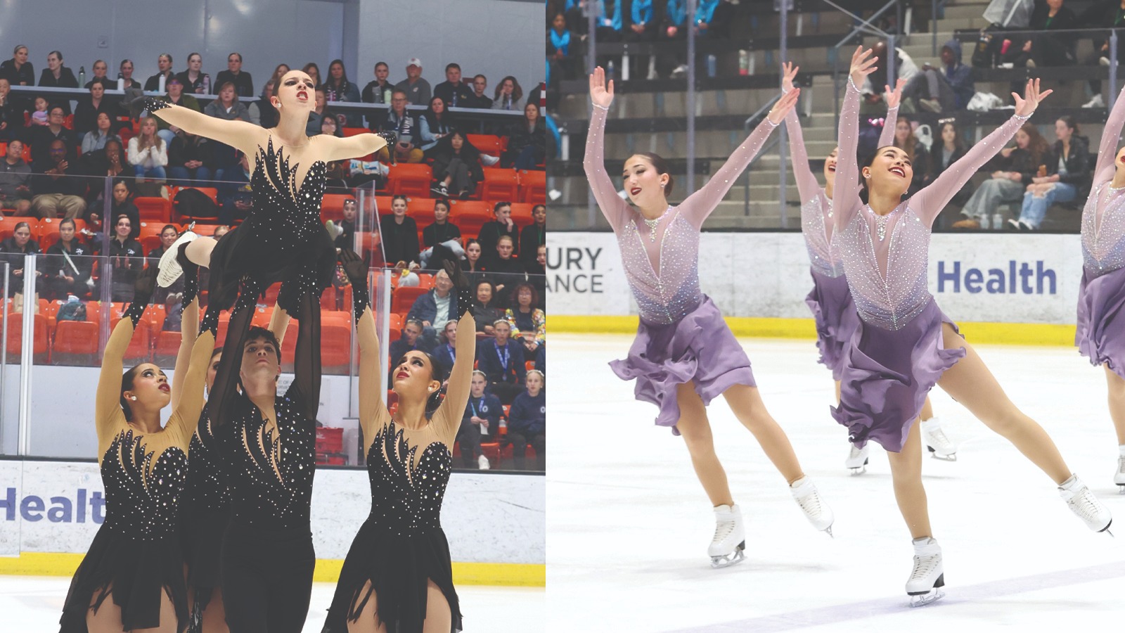 A split image photo with Teams Elite on the left and Skyliners junior on the right. In the picture on the left, Teams Elite performs a lift, as four athletes lift a girl into the air, her torso lifted toward the camera. On the right, Skyliners junior in purple dresses skates with joy on their faces.
