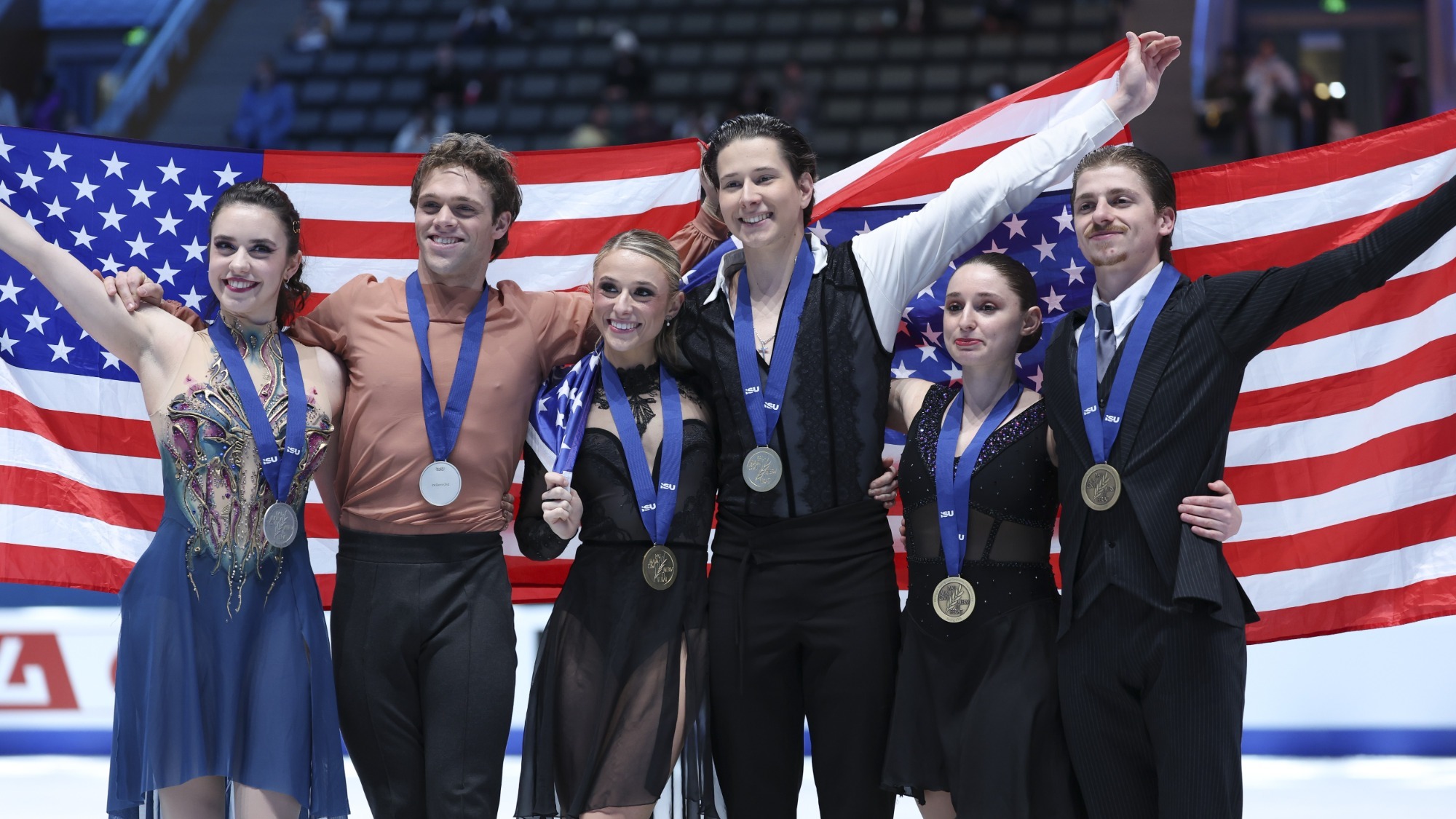 The U.S. swept the ice dance podium at the Four Continents Championships. Wearing their medals, from left to right, are Caroline Green and Michael Parsons, Emilea Zingas and Vadym Kolesnik, and Oona Brown and Gage Brown
