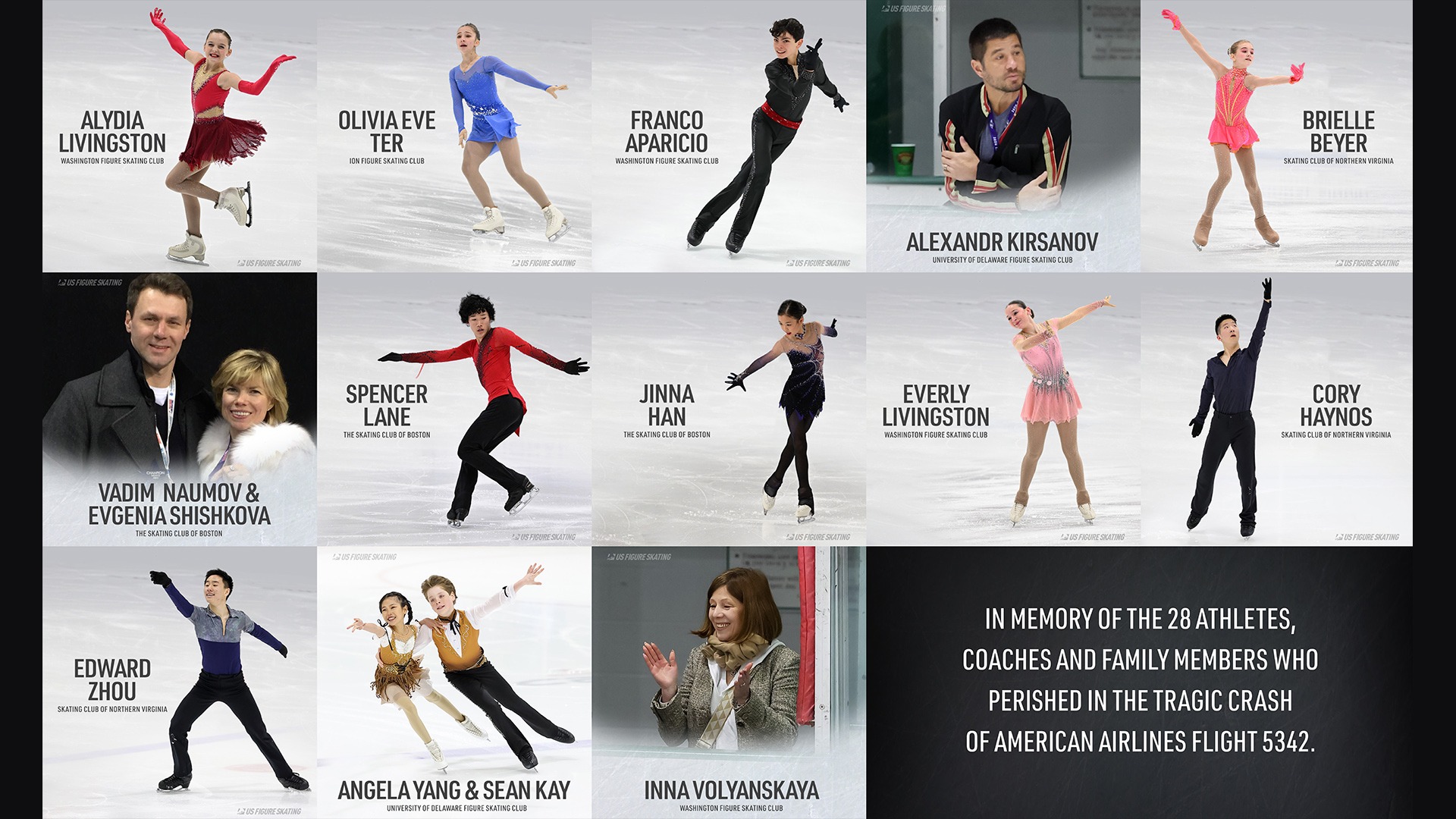 Collage of photos of the 28 U.S. Figure Skating members lost on Flight 5342