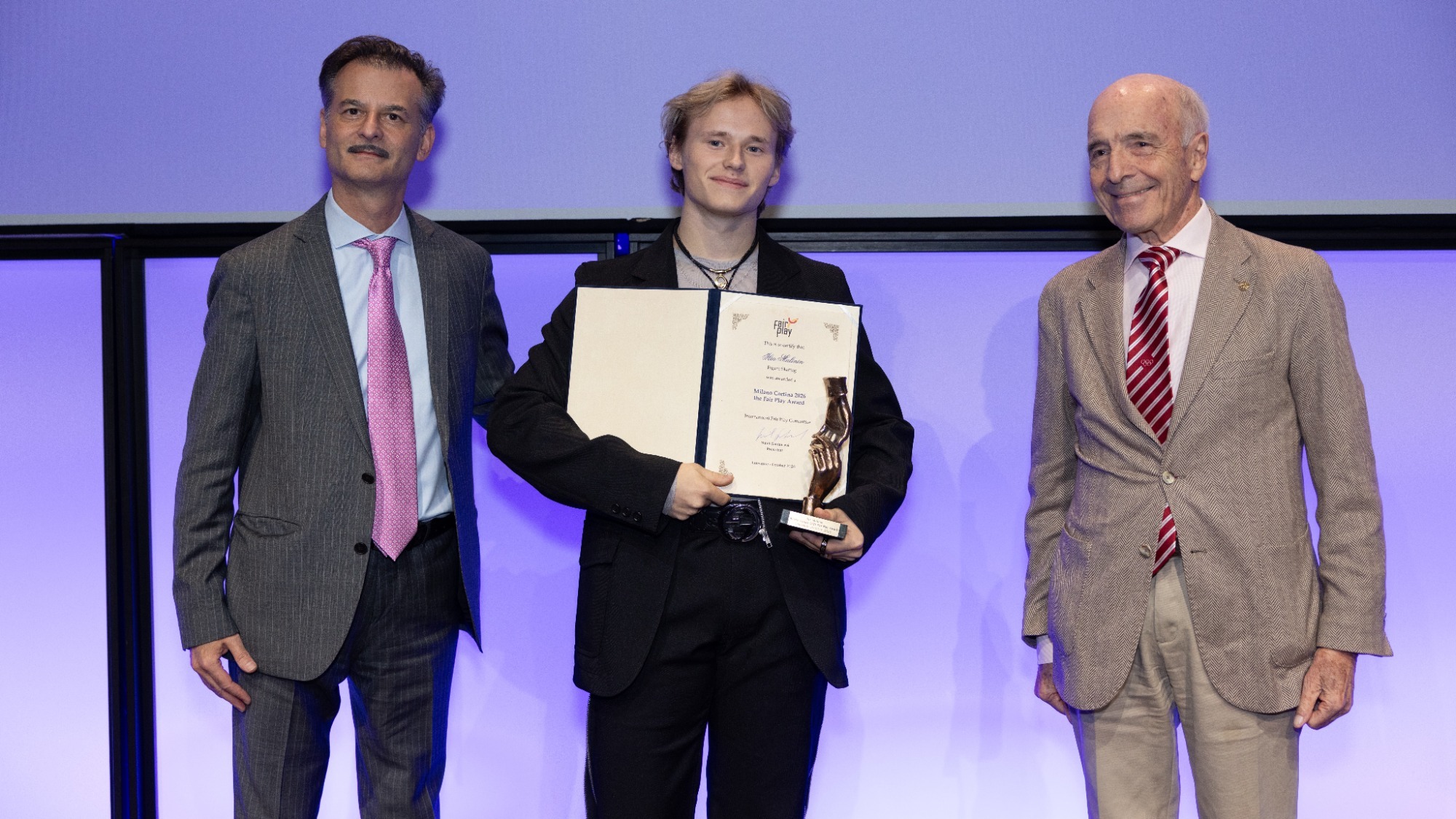 Olympic team event gold medalist Ilia Malinin receives the Milano Cortina 2026 Fair Play Award in Lausanne, Switzerland. 
