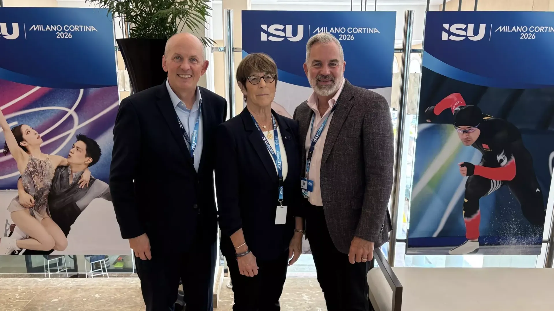Patricia St. Peter is flanked by U.S. Figure Skating CEO Matt Farrell and U.S. Figure Skating President Kevin Rosenstein