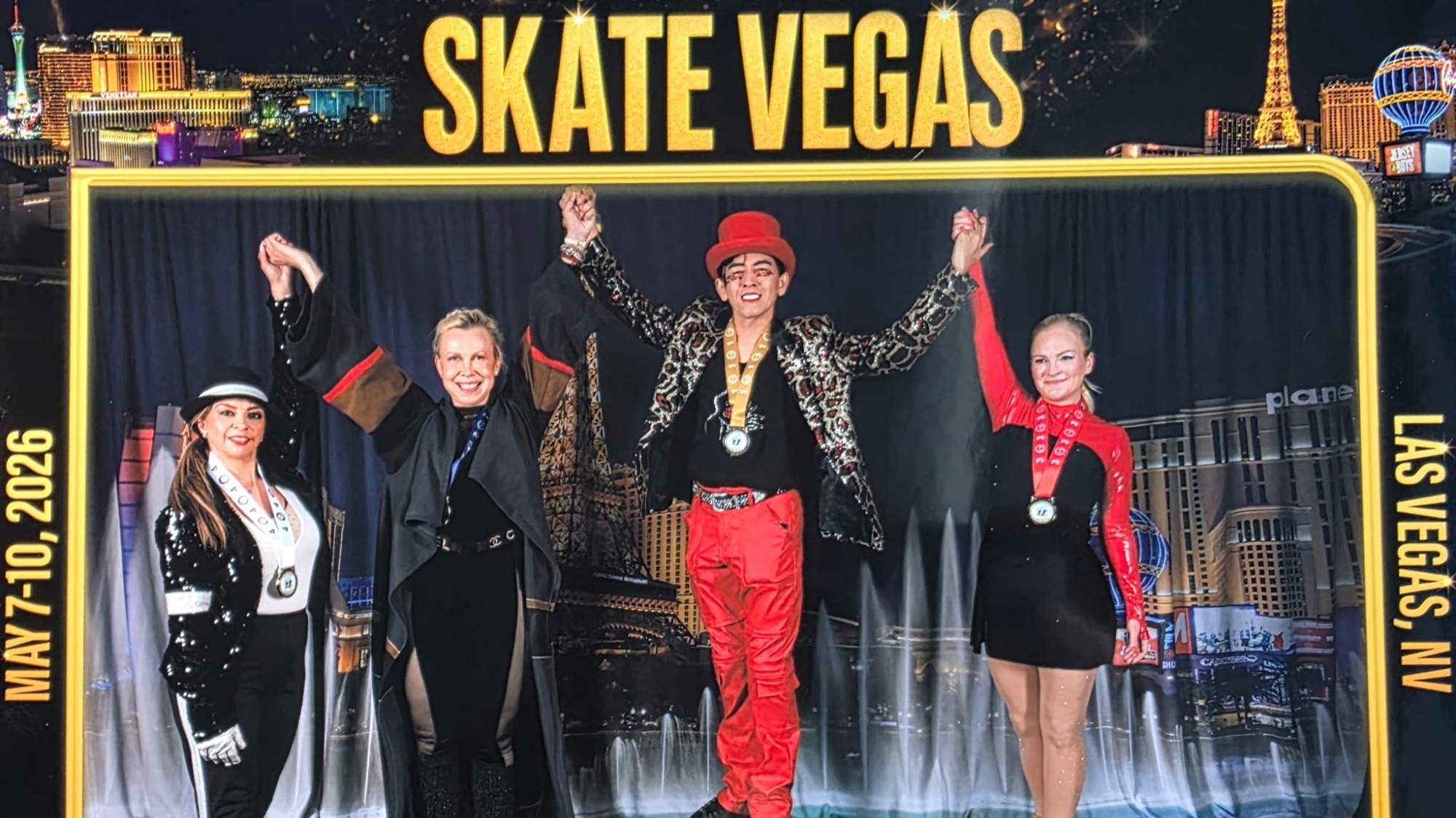 Medalists from the senior elite pro-am lyrical pop showcase event at 2026 Skate Vegas (l-r): Rachel Duran, Oksana Baiul, Justin Ly, Laurian Nash
