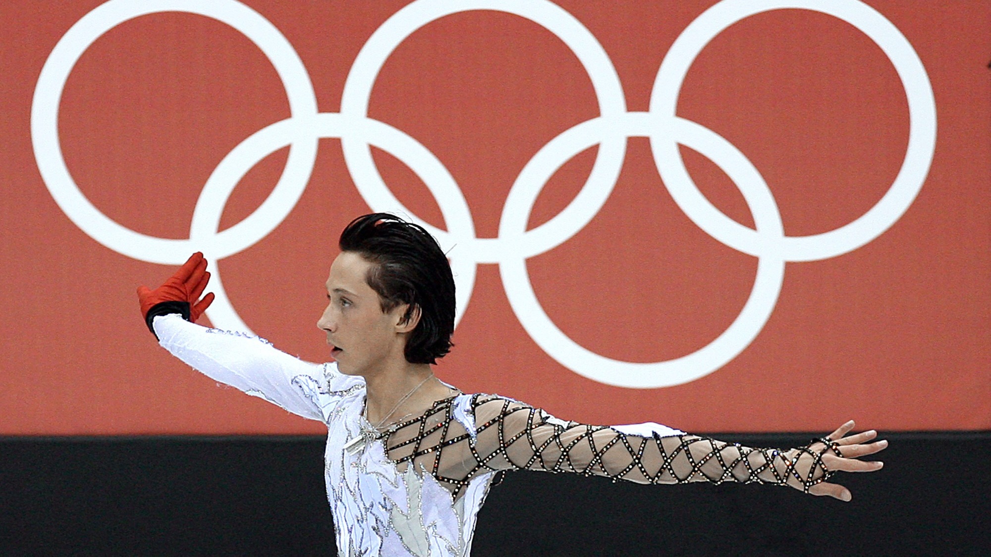 Johnny Weir wears his self-styled costume The Swan at the 2006 Winter Olympics