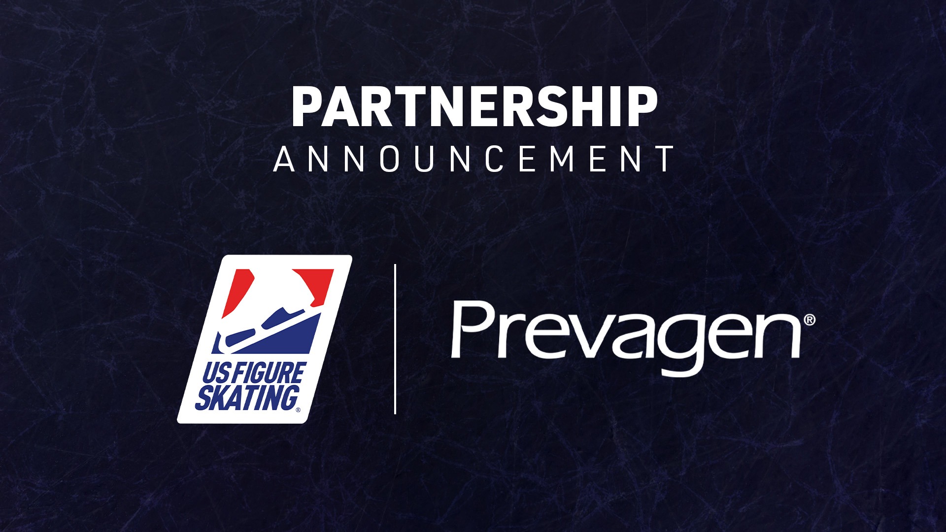 The U.S. Figure Skating and Prevagen logos side by side on a navy blue background with the words Partnership Announcement written above it in white