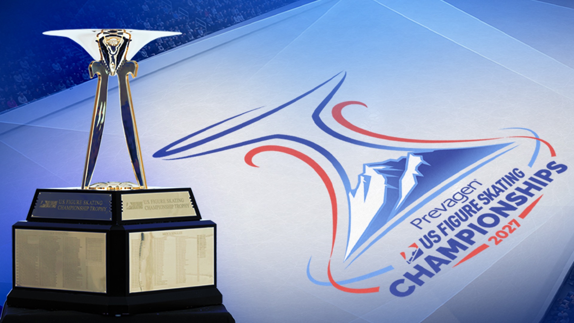 U.S. Championships trophy next to the U.S. Championships logo, designed to mimic the shape of the trophy in front of a stadium photo in the background.
