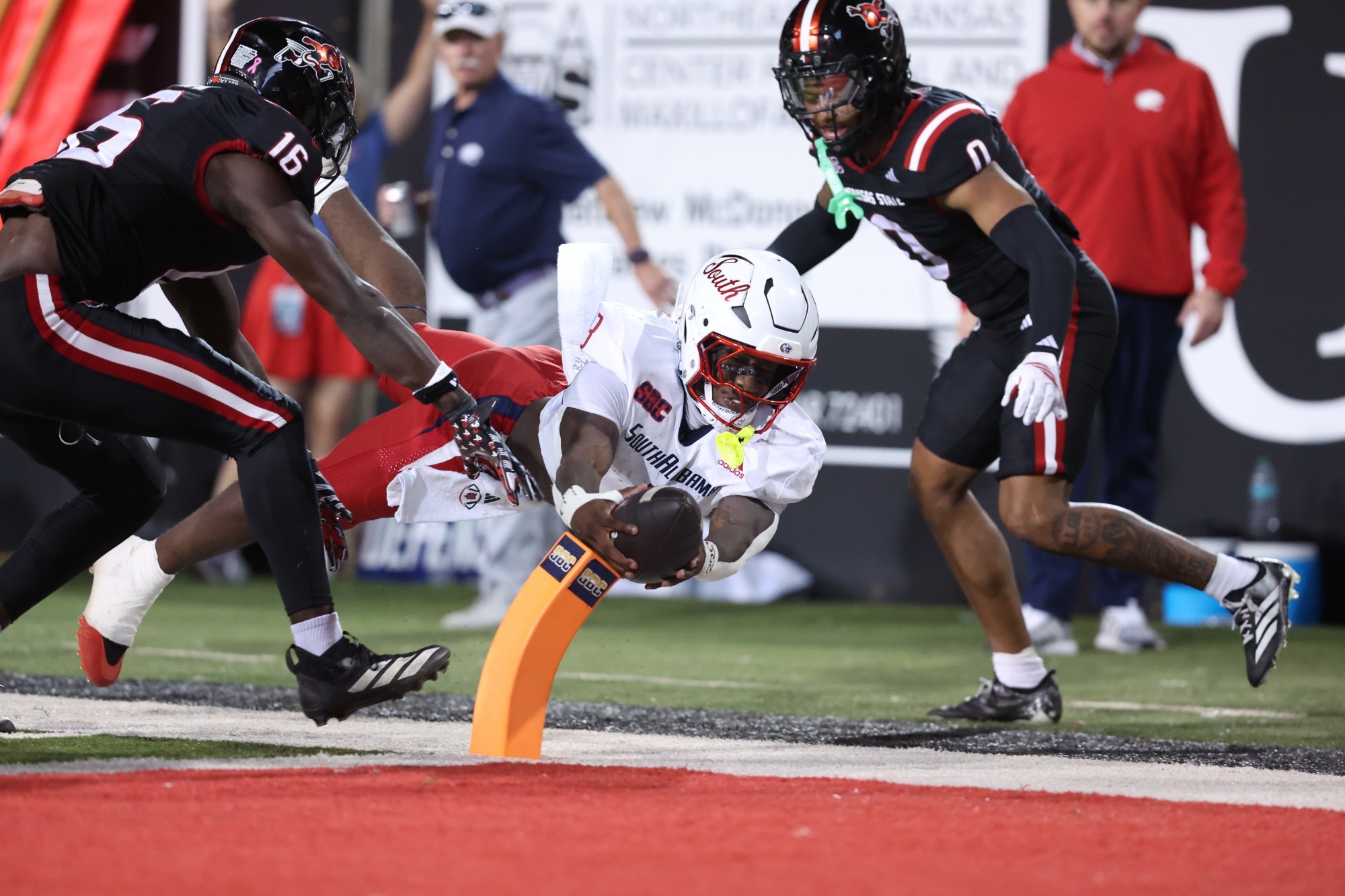Keenan Phillips dives for the end zone in South Alabama's win over Arkansas State