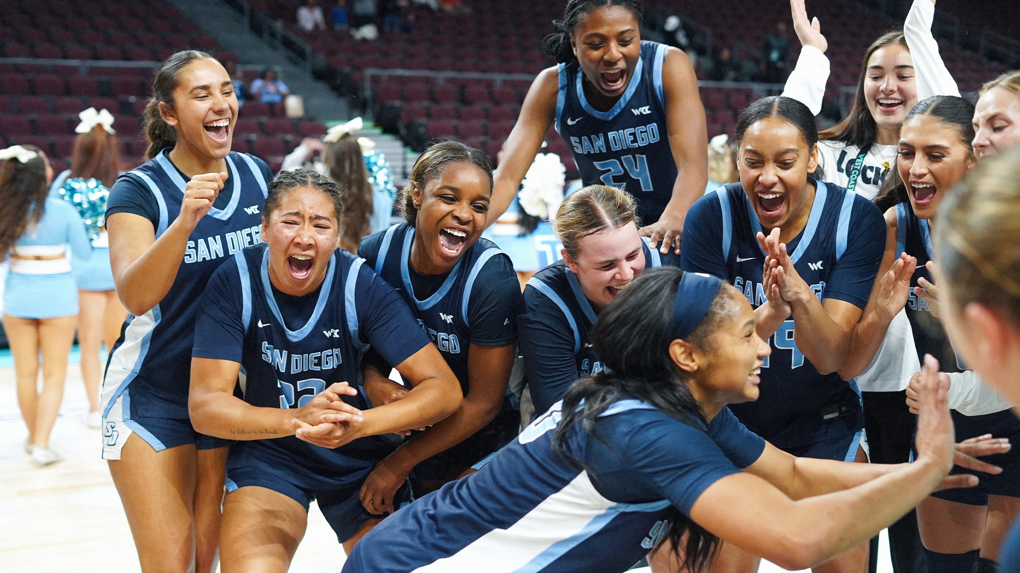 usd wbb celebrates after win over saint mary's 3_5_26 - credit anderson haigler
