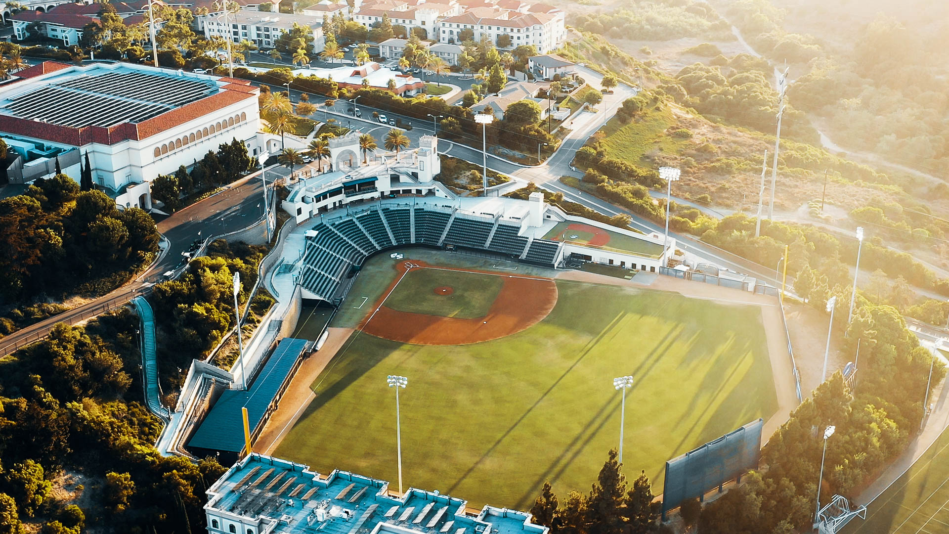 Aerial view of Fowler Park and Cunningham Field at sunset.