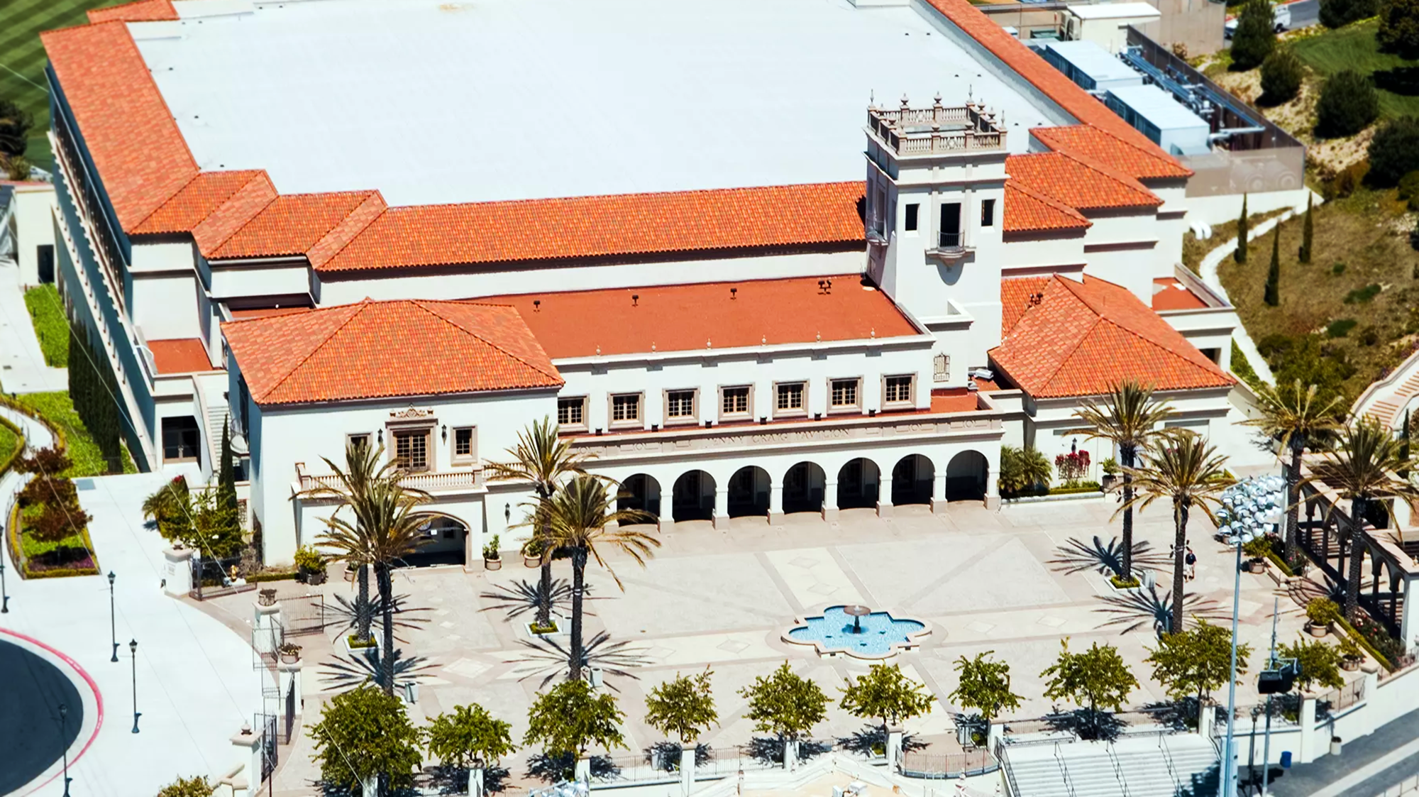 Aerial view of the Jenny Craig Pavilion and its front plaza.