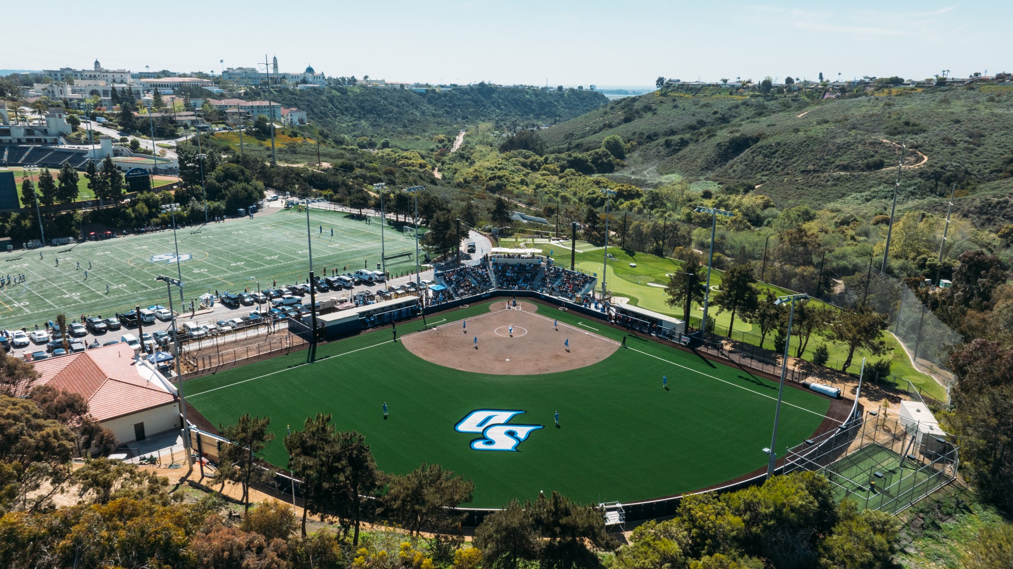 Aerial view of the Reggie Smith Softball Complex during a game.