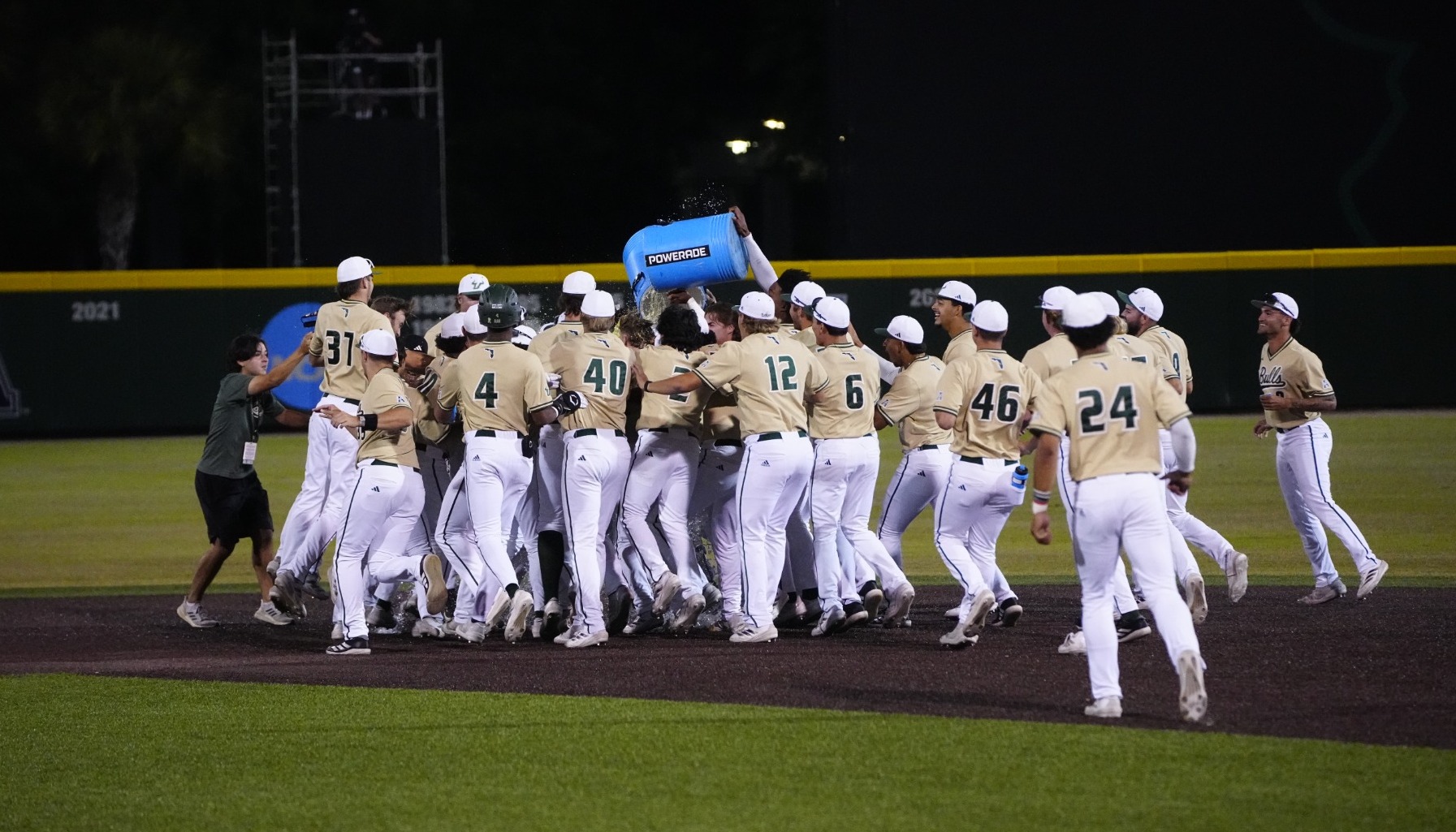 Baseball celebrates after walking off Charlotte on April 17, 2025