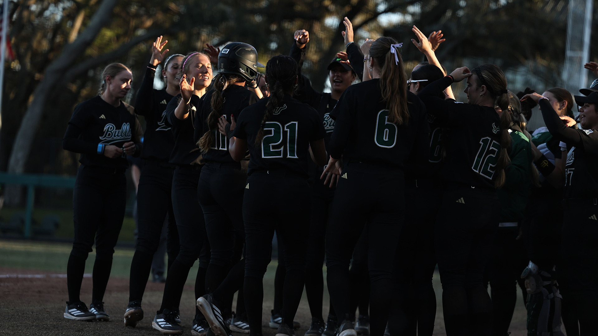 The softball team celebrates a home run by Alex Wilkes in the sixth inning against Indiana