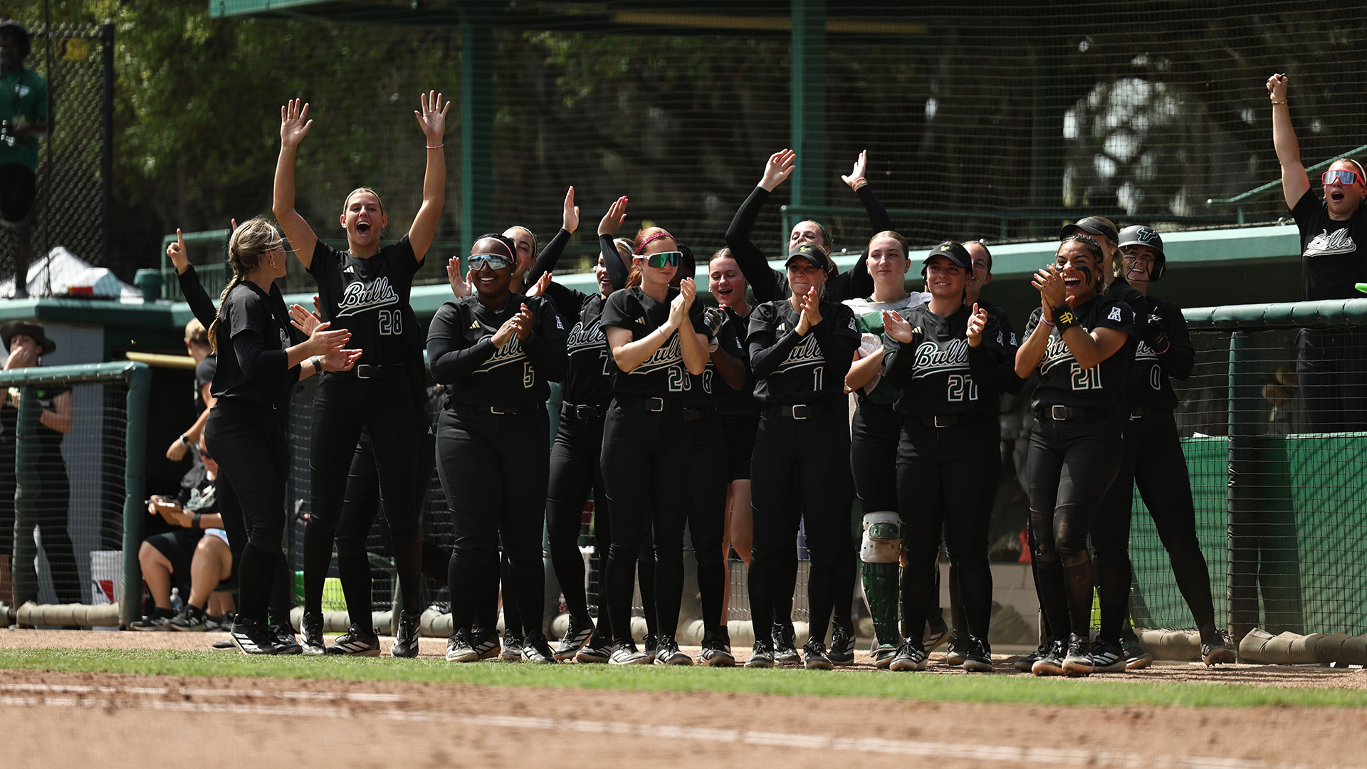 Softball celebrating a home run against Charlotte