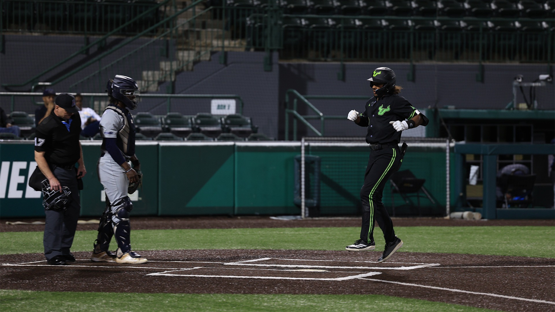 Relaford touching home after hitting his solo home run.