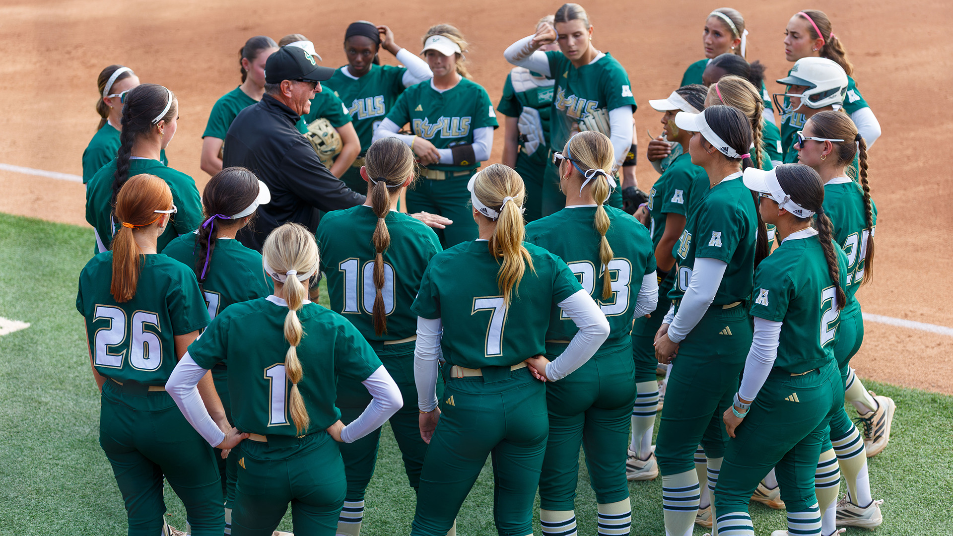 Softball in-game huddle at ECU on Friday