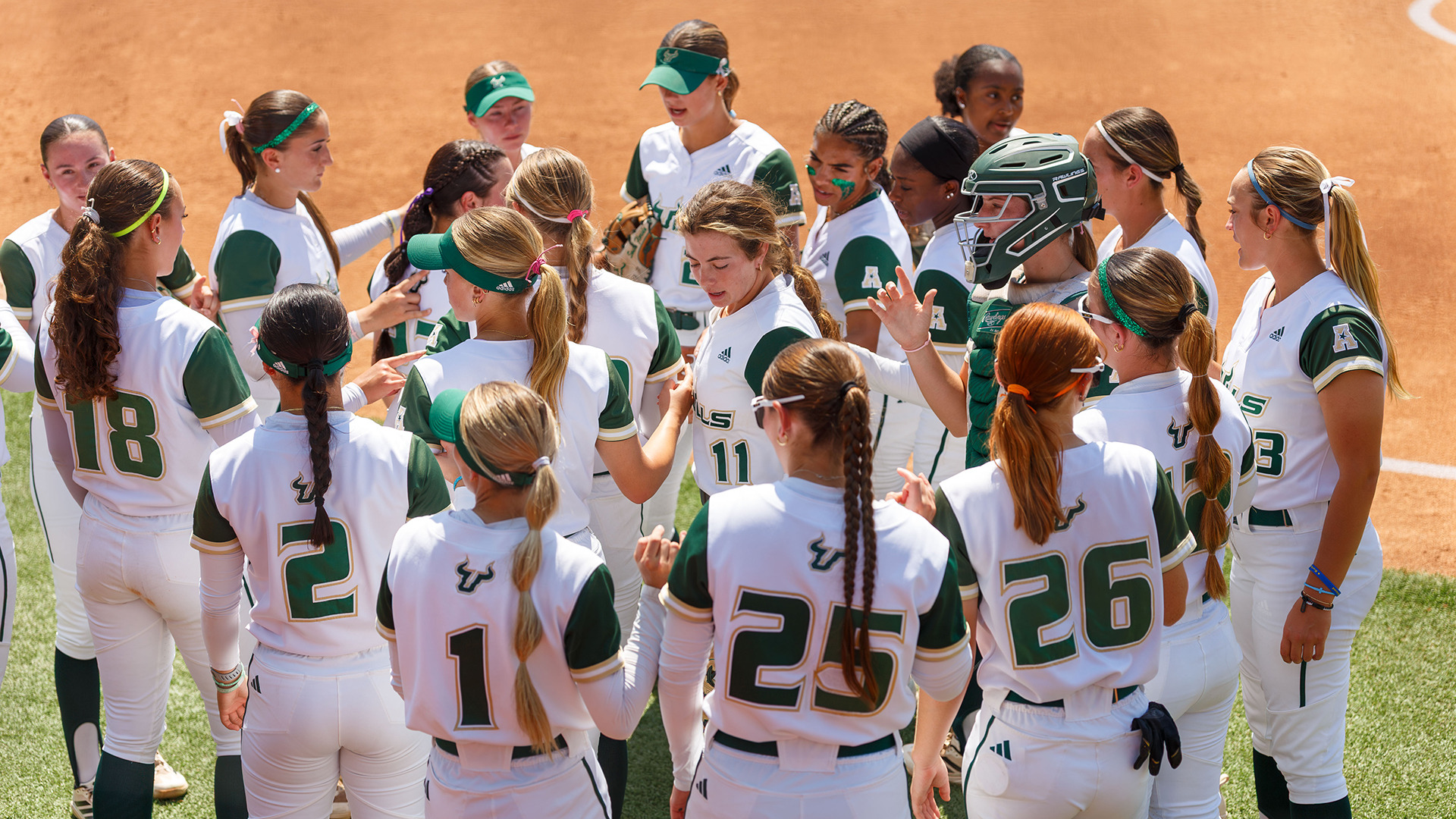 Softball in-game huddle on Saturday vs. ECU