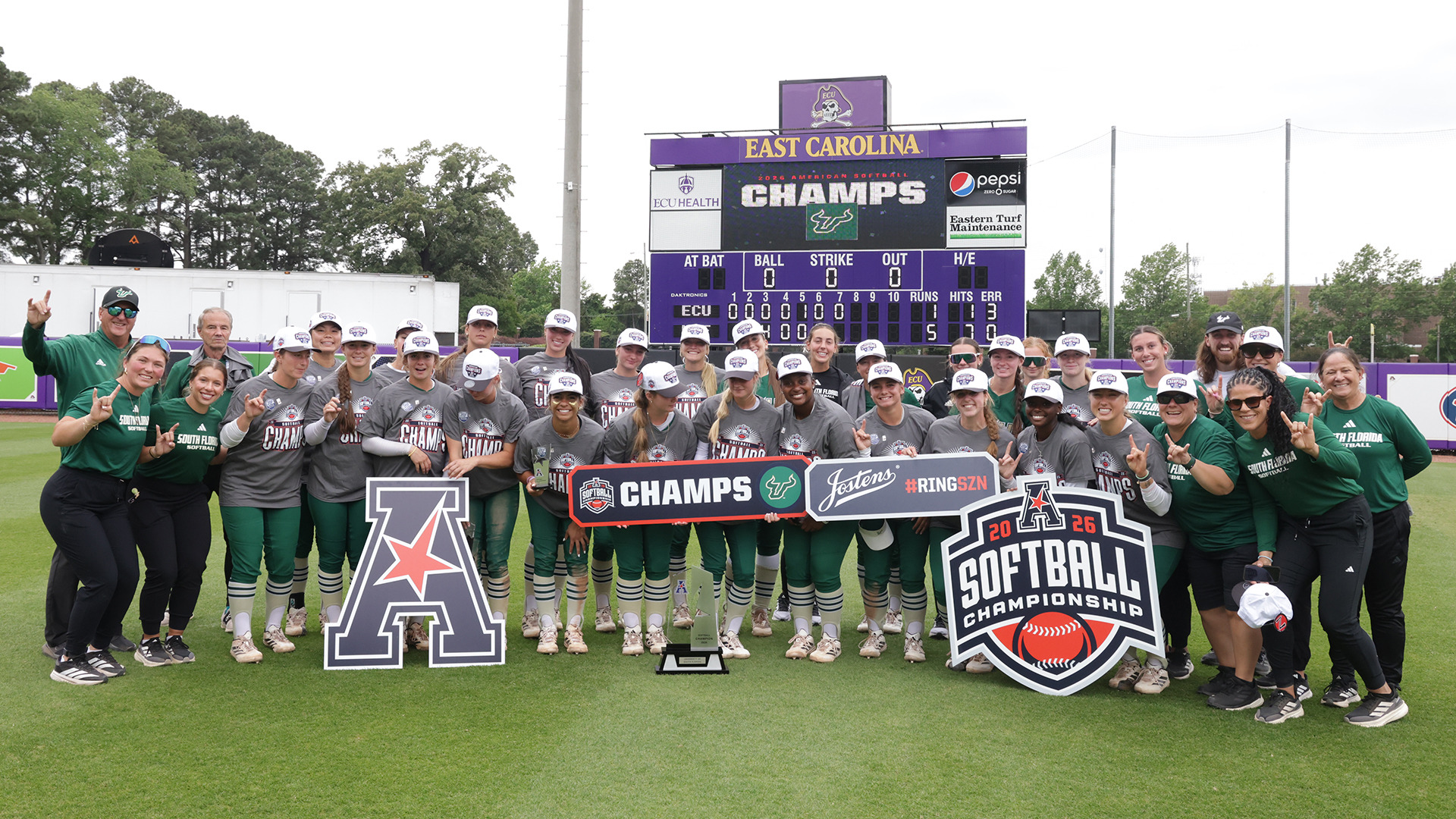 Softball team photo after winning American Conference Tournament 