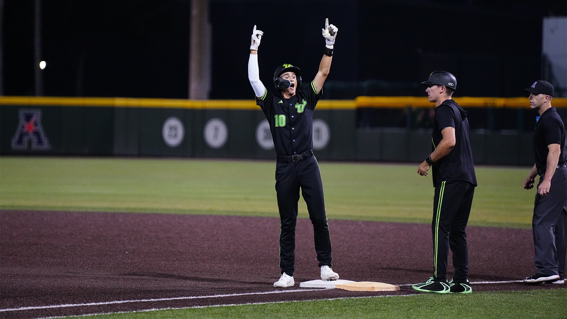 Jack Lutz celebrates an RBI single.