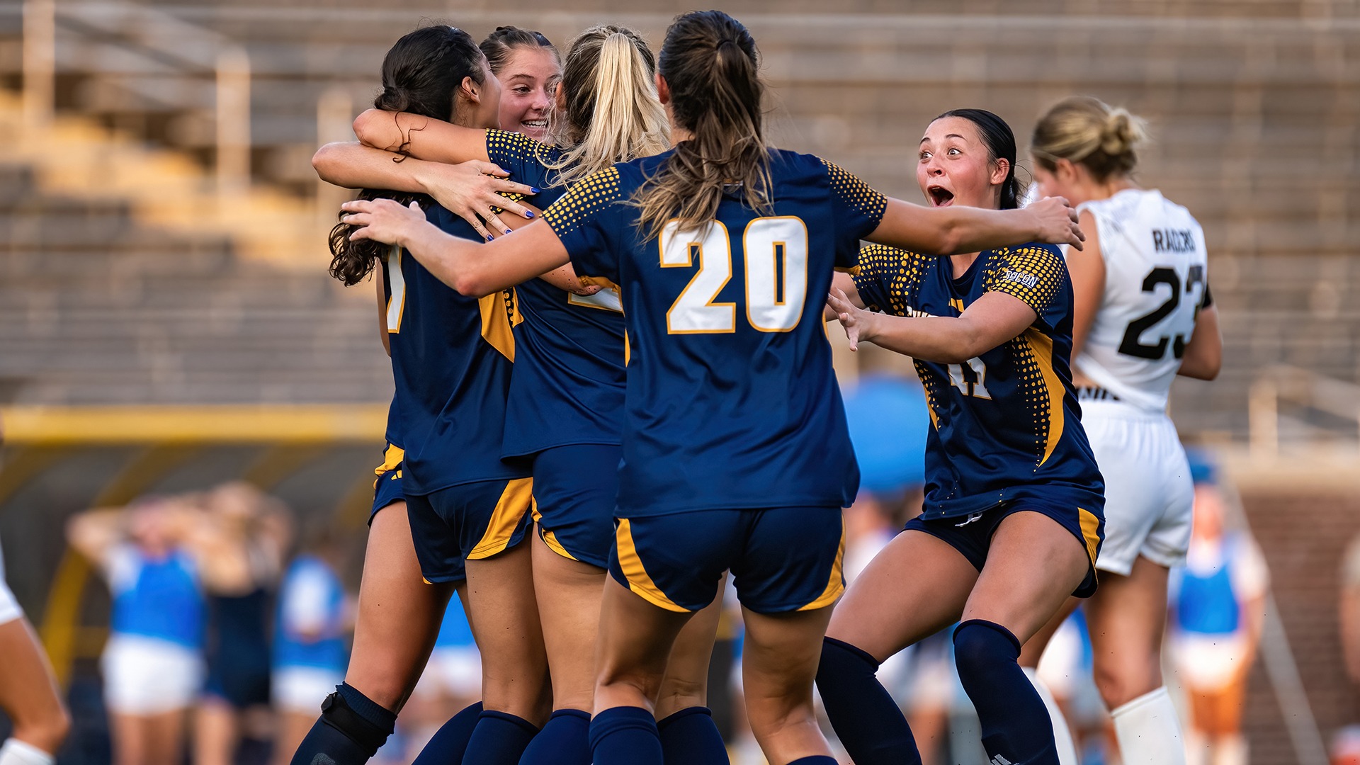 Soccer celebrates a goal against Murray State