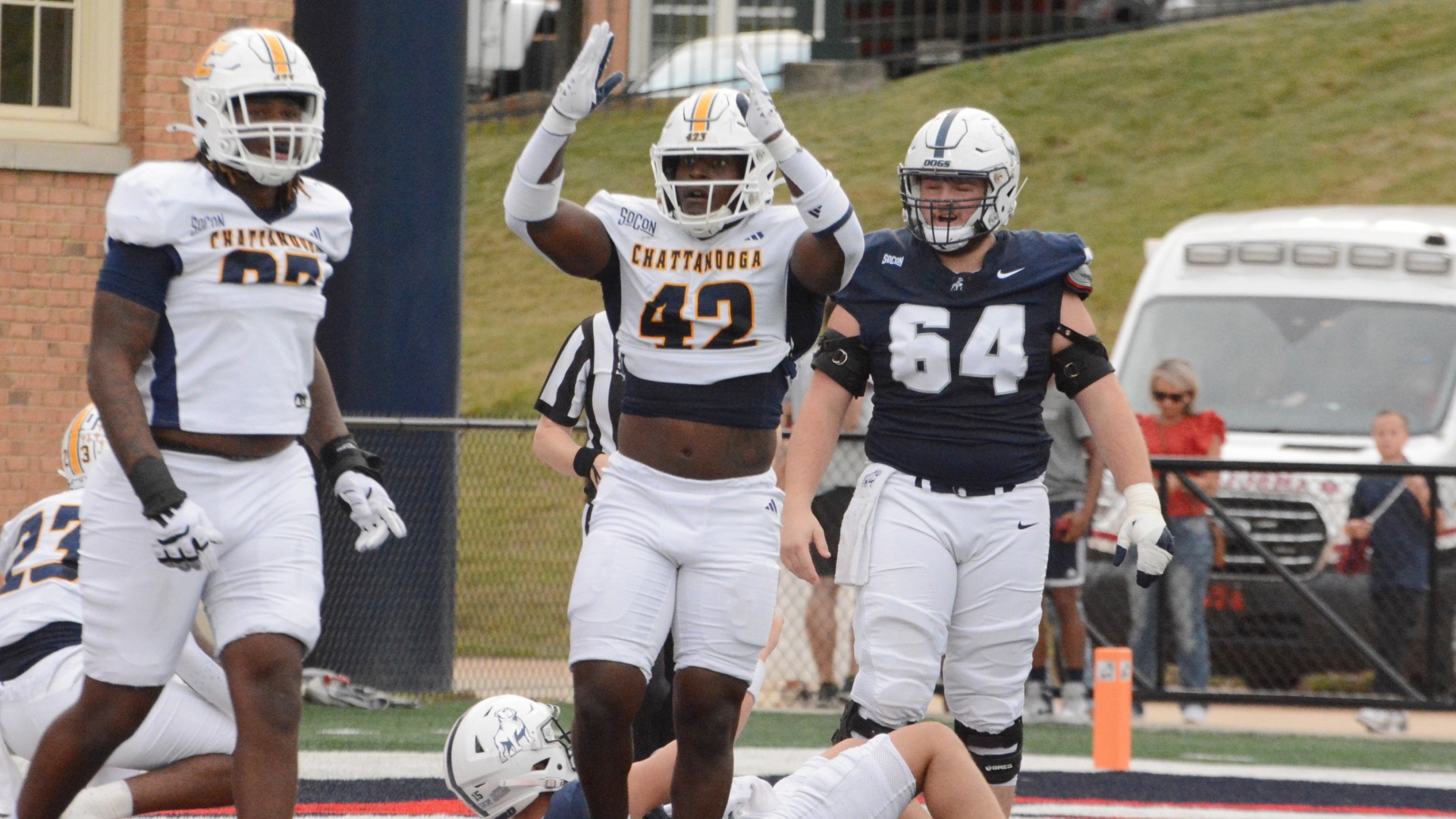 Zion Rutledge asks for a safety call on a TFL near the goal line at Samford
