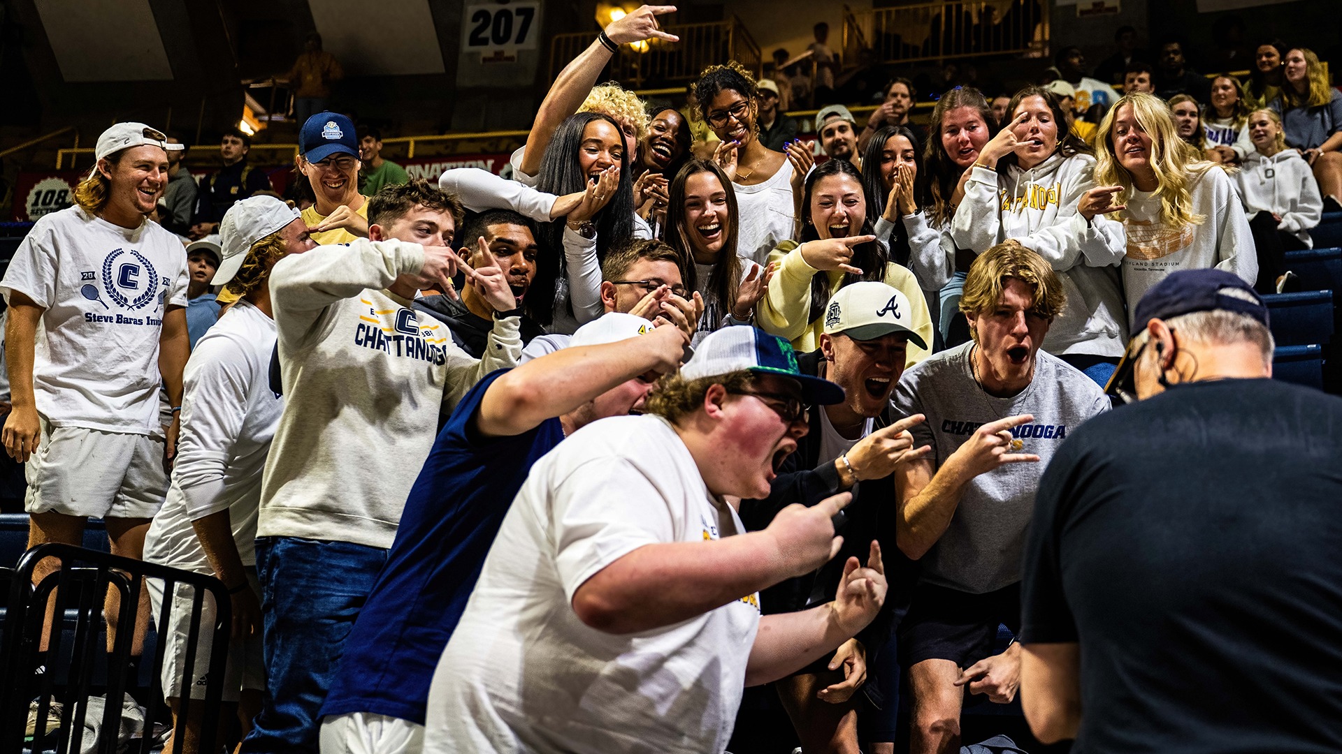 Students celebrate into the ESPN cameras during the NIT 2nd Round Win over Dayton