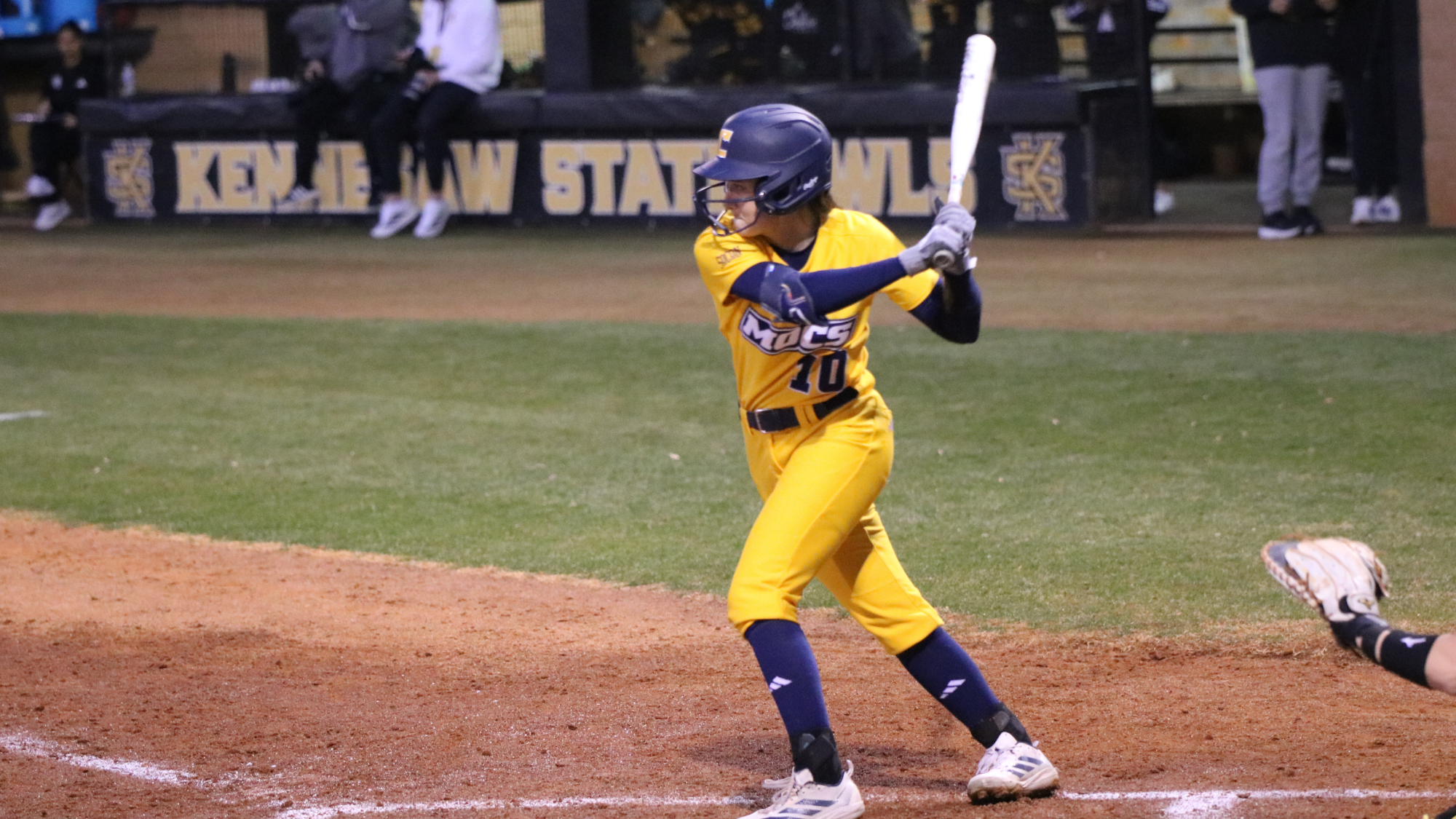 Softball player at the plate, ready to swing the bat.