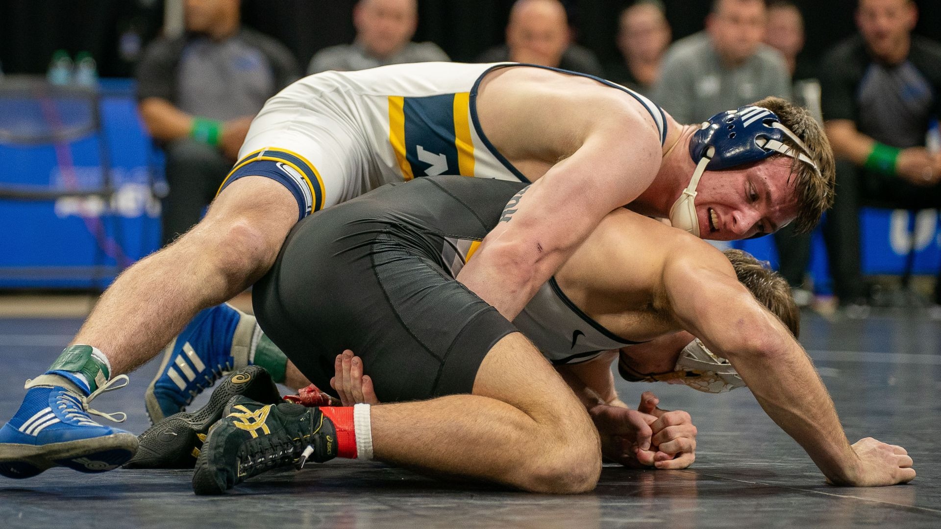 Kade Rule is in a dominant position on top and looking to score bonus points in his SoCon title win over App State