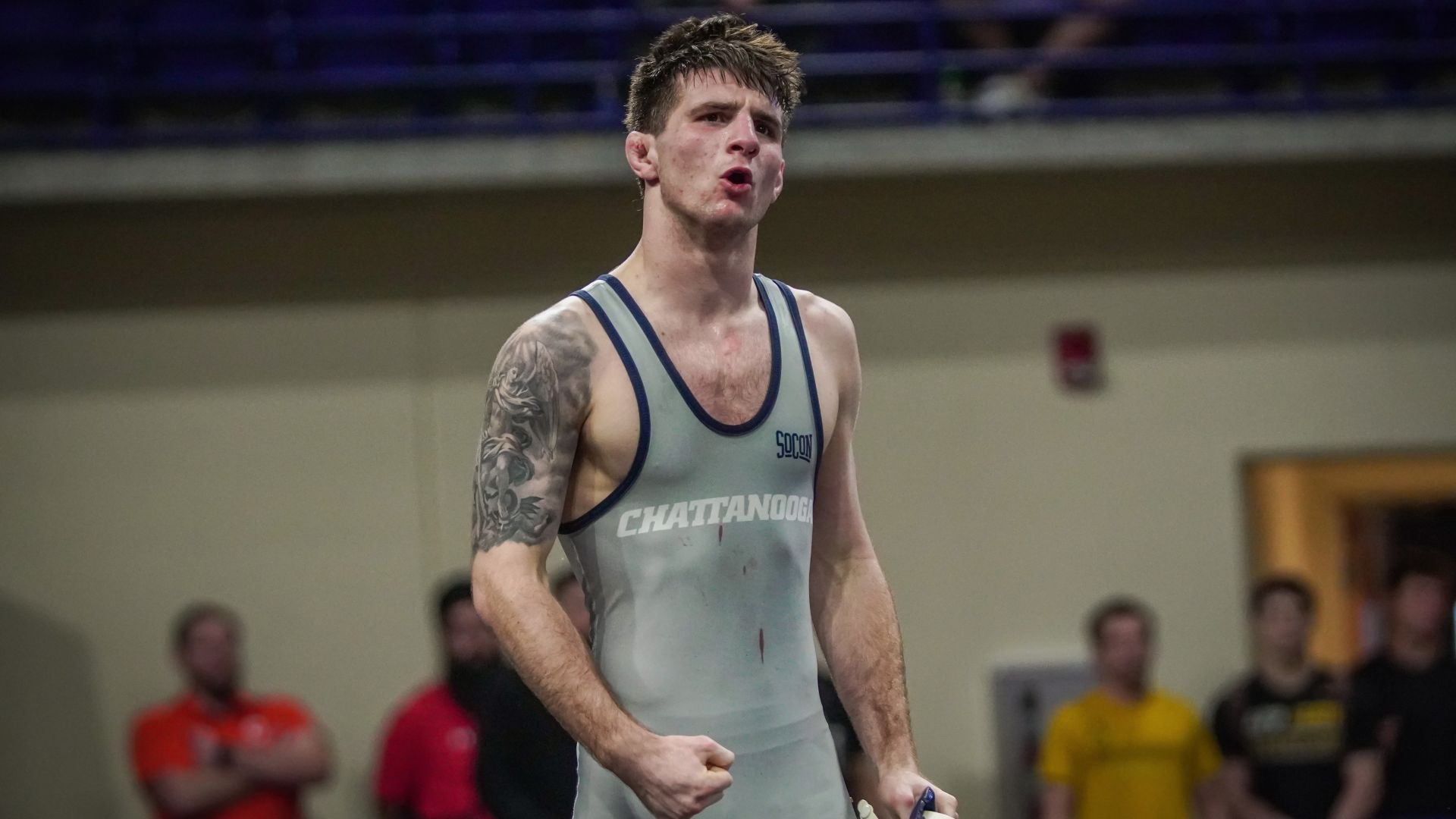 Ethan Uhorchuk pumps his fist after a hard-fought SoCon Semifinal win in the tiebreaker periods
