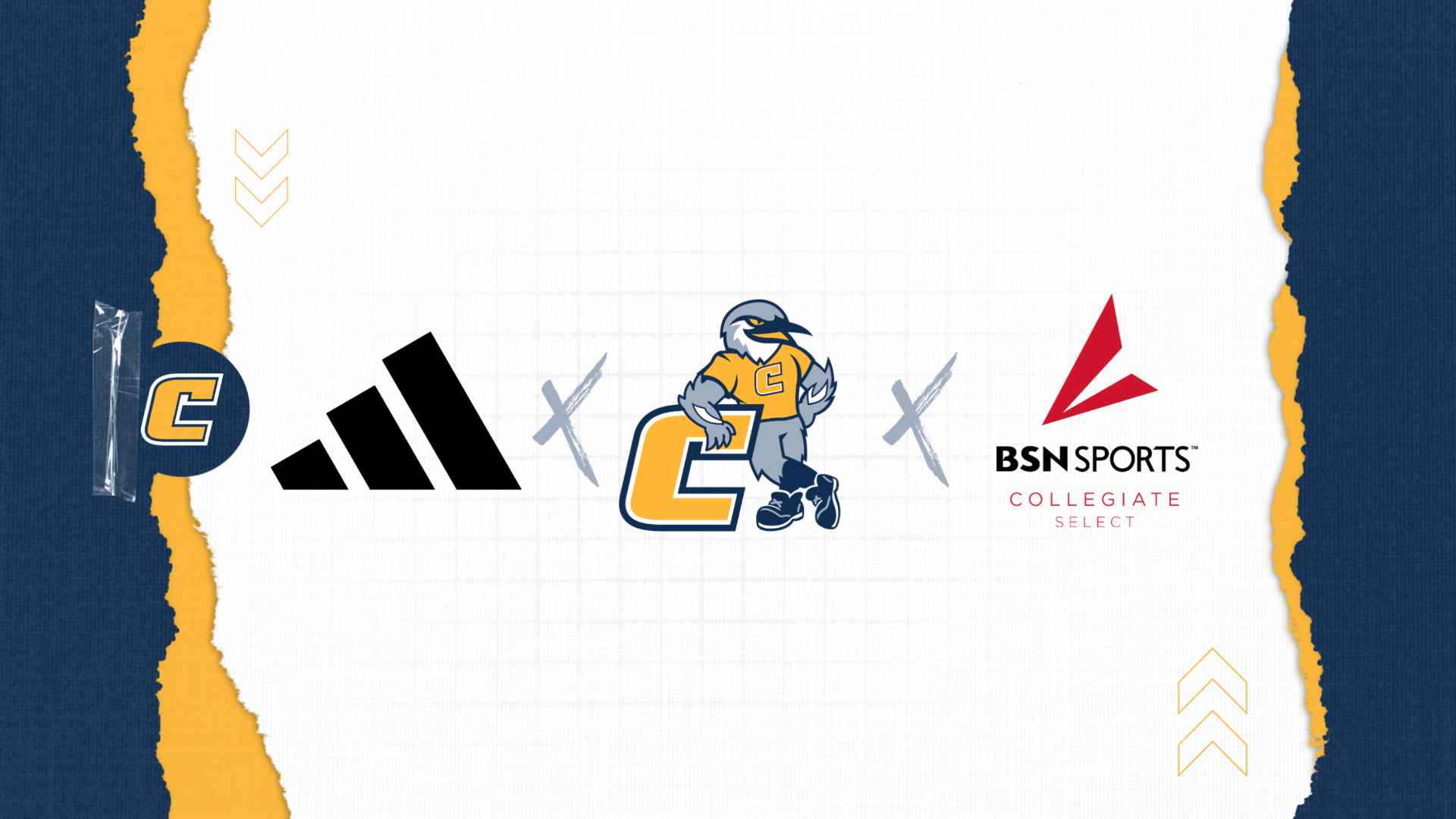Graphic depicting the partnership between UTC using the Scrappy leaning against Power C logo, adidas and BSN SPORTS