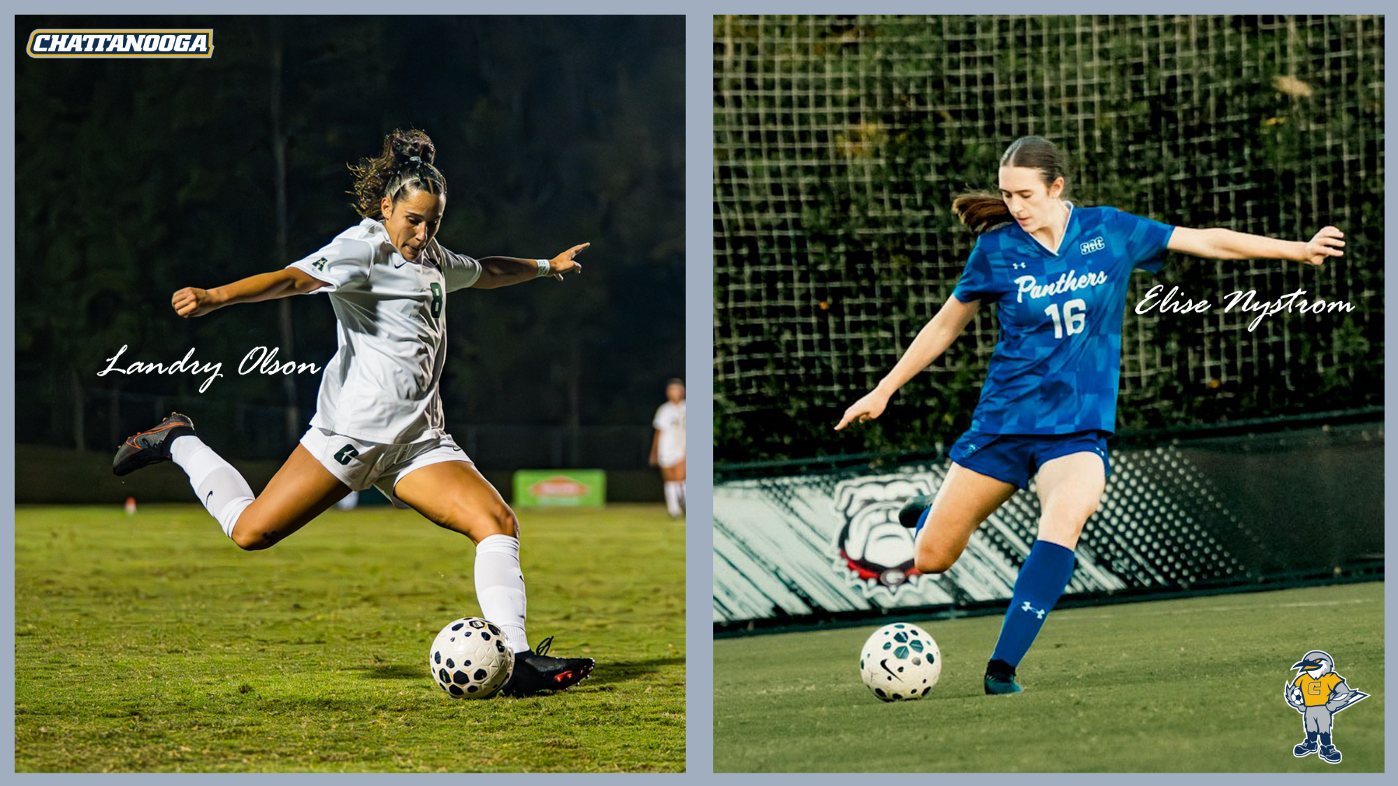 two soccer players in separate photos stitched together. both are kicking the ball on the soccer pitch.