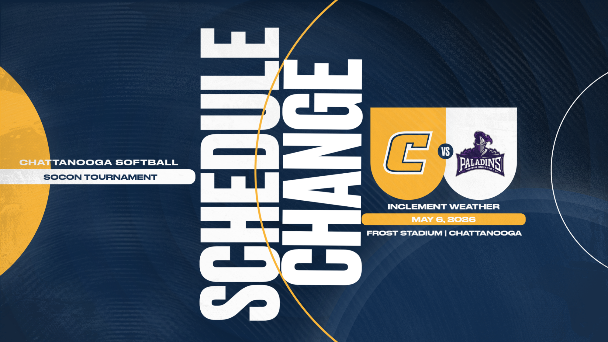 Graphic announcing a schedule change for the Mocs vs. Furman softball game on Wednesday. Moved to 9 a.m.