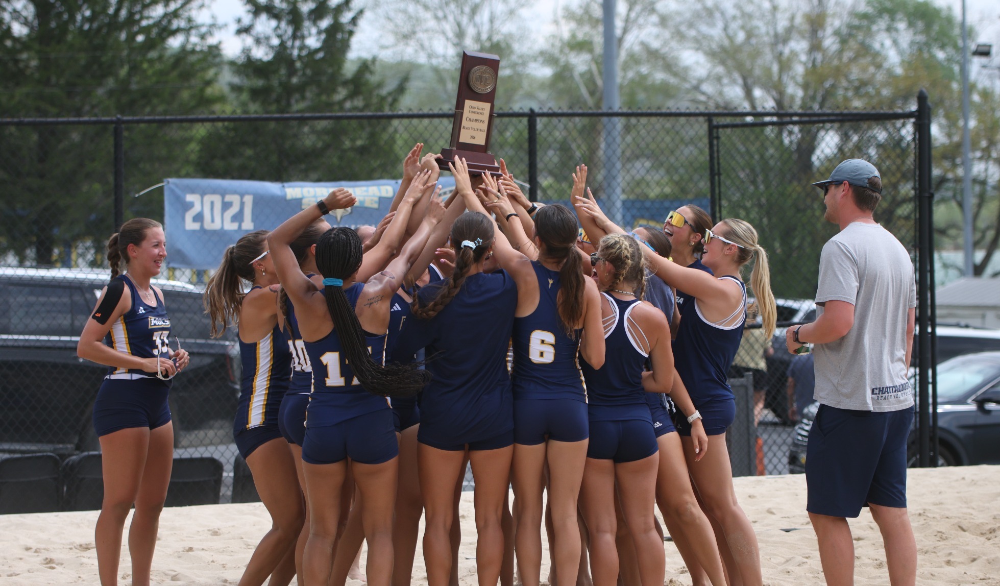 Chattanooga celebrates after clinching the 2026 OVC Regular Season Championship 