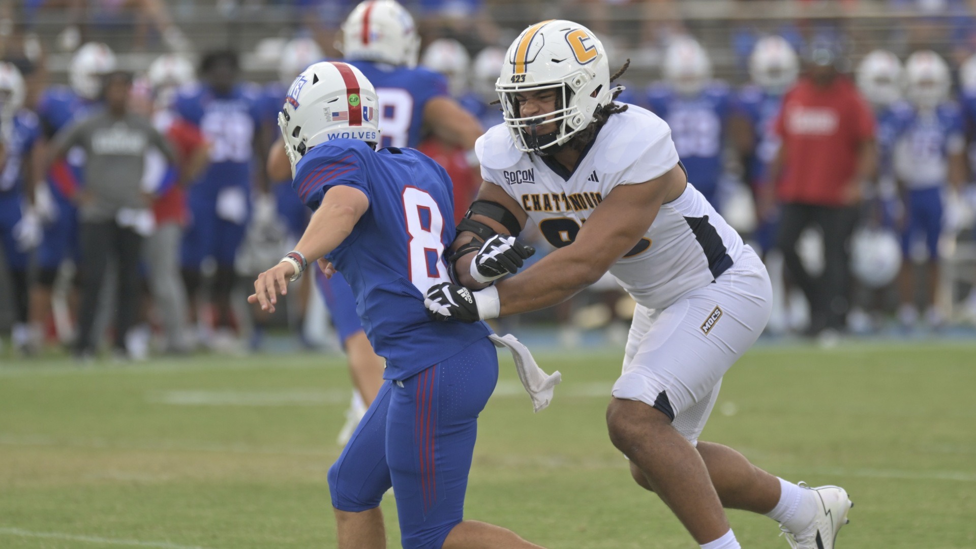 Ryan Bell pressures the West Georgia quarterback