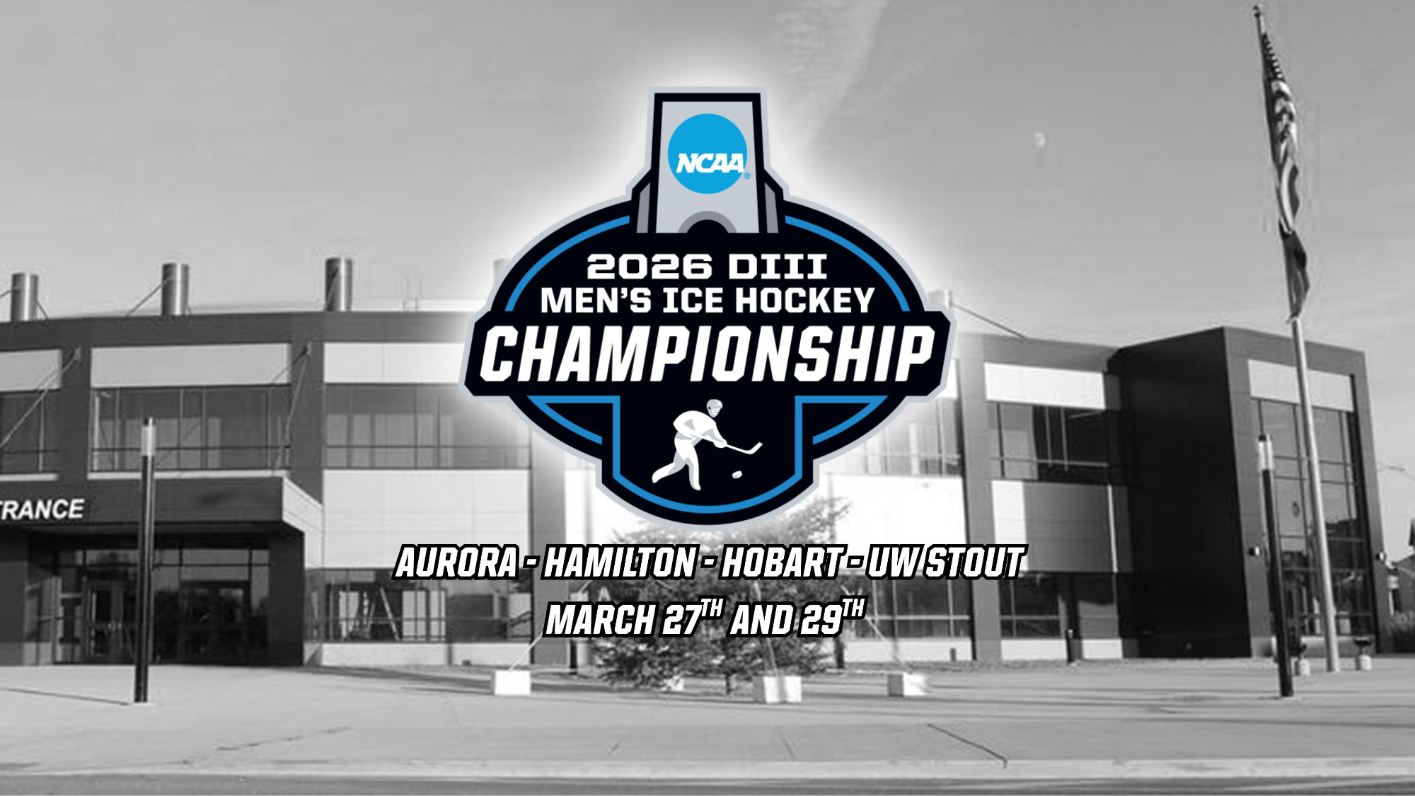 NCAA Championships 2026 Logo Over A Picture of the Utica Aud