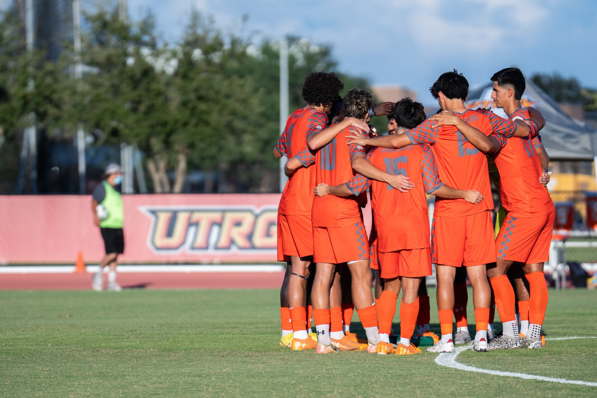 UTRGV Men's Soccer Team huddle before game 