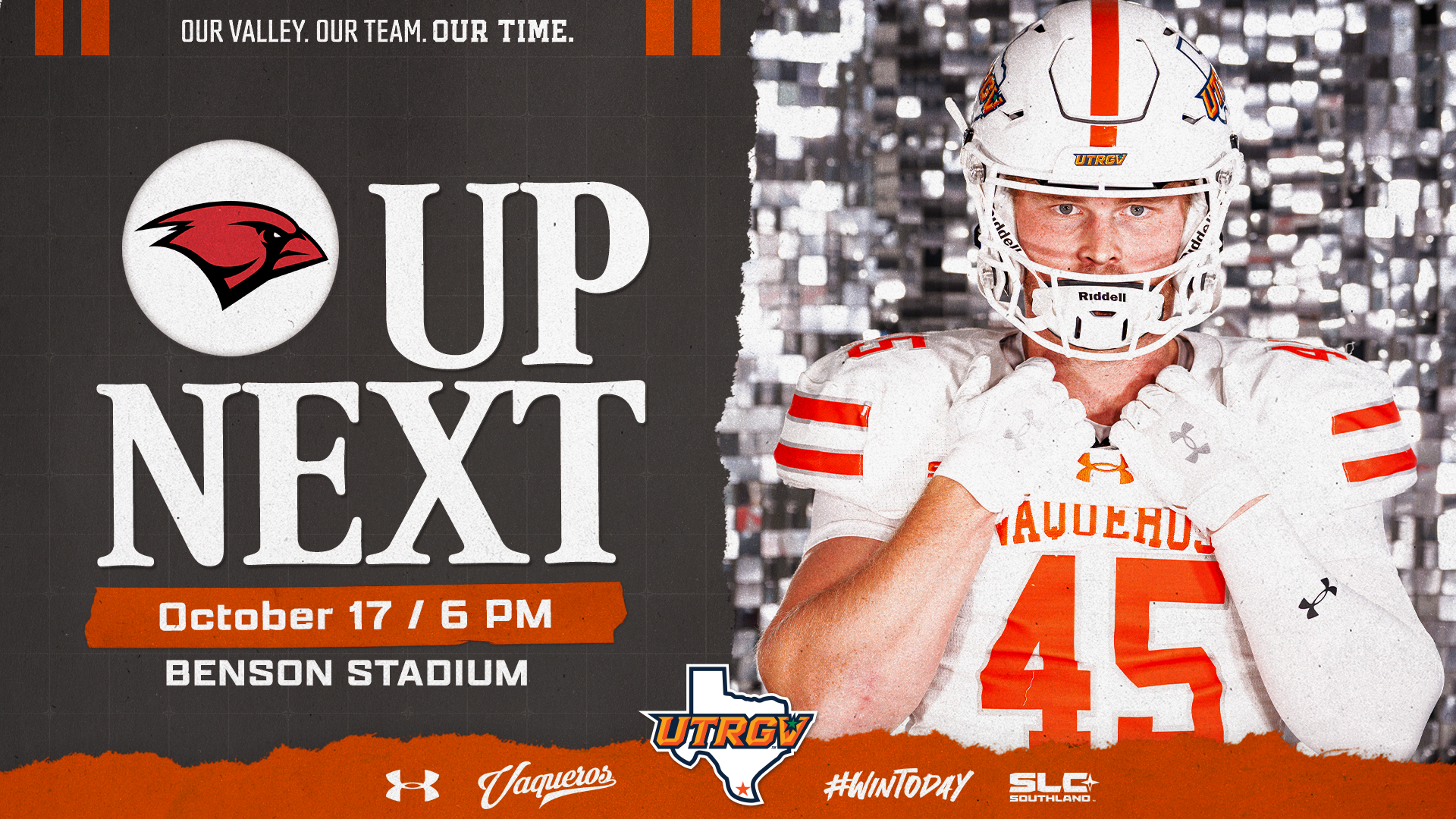 Image is a gray graphic that says Up next UTRGV Football October 17 6 PM Benson Stadium vs. UIW