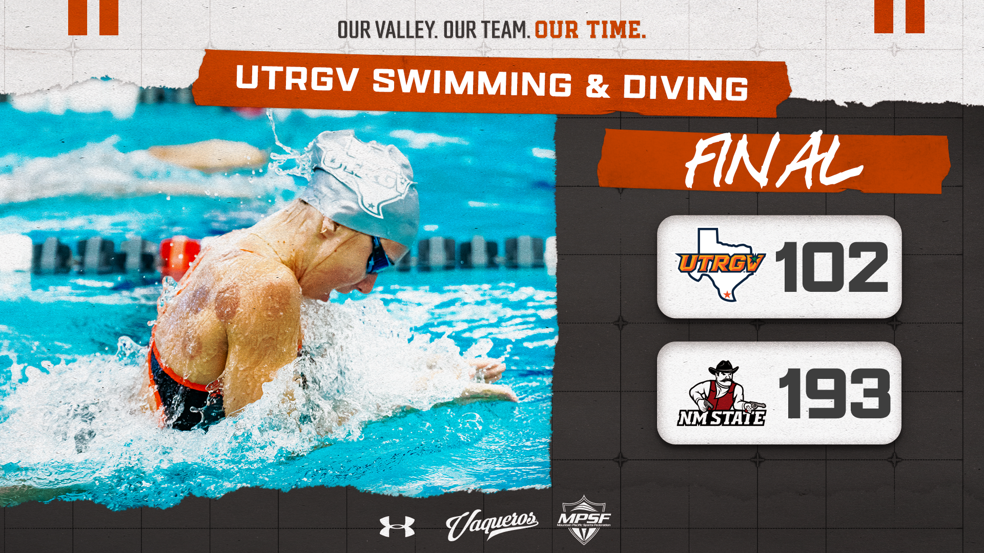 UTRGV Swim and Dive Final 193-102 vs. New Mexico State Graphic with Louise Deriode
