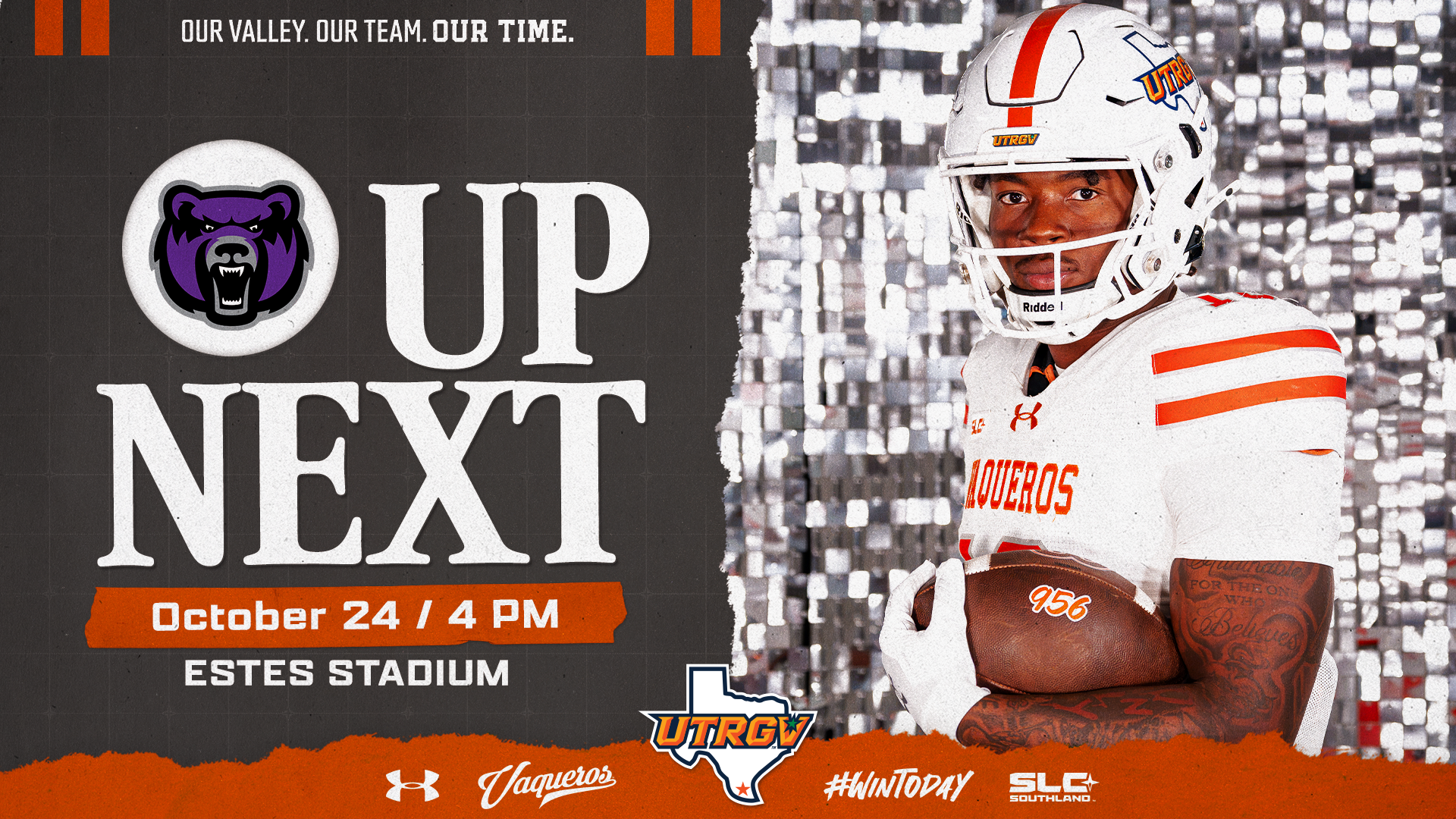 Image is a gray graphic with a photo of a football player in a white uniform holding a football and reads Up Next October 24 4 p.m. Estes Stadium