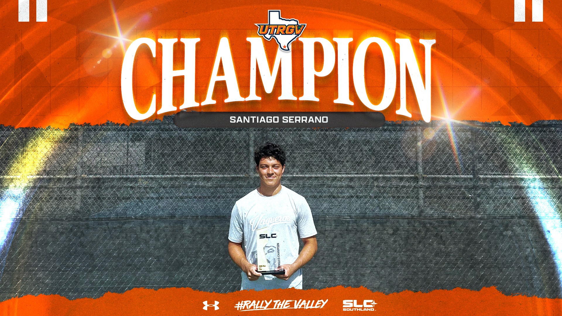SLC Fall Tennis Championships | UTRGV | Champion | Santiago Serrano | Photo of Santiago Serrano with SLC Singles Championship Trophy