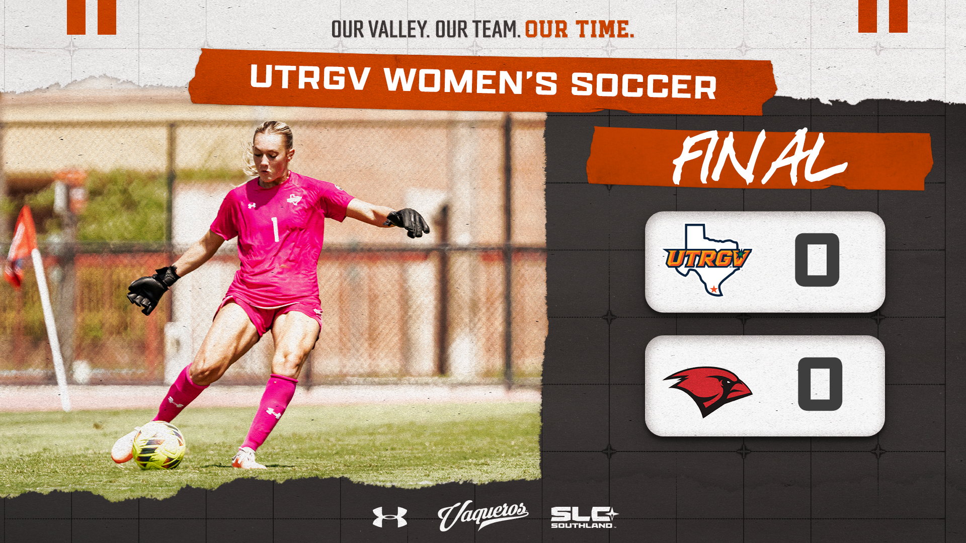 Final score graphic | 0-0 UTRGV vs. UIW | Goalkeeper Veronica Pacione #1 in Pink
