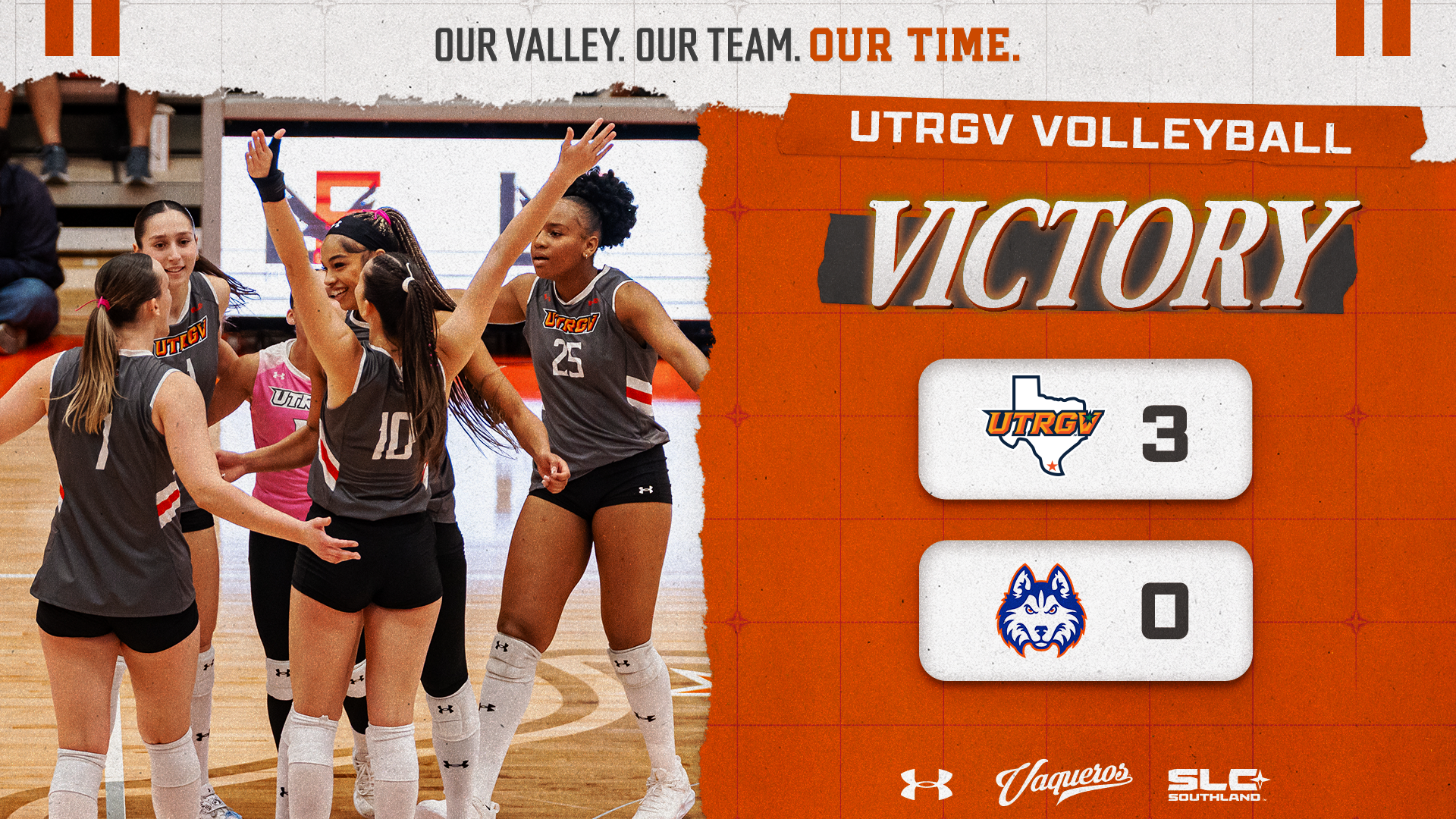 Image is an orange graphic that says Victory with the UTRGV logo and a 3 and the HCU logo with a 0 and a photo of the UTRGV volleyball team celebrating a win.