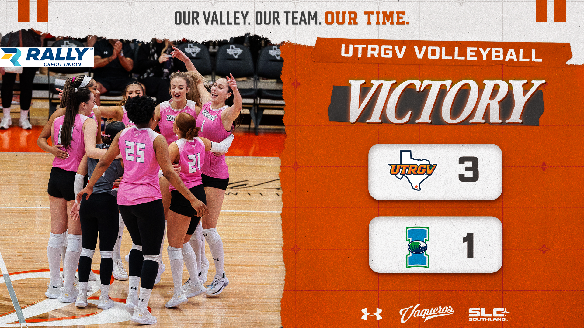 UTRGV Women's Volleyball | Final | UTRGV 3, Texas A&M-Corpus Christi 1 | Photo of team celebration