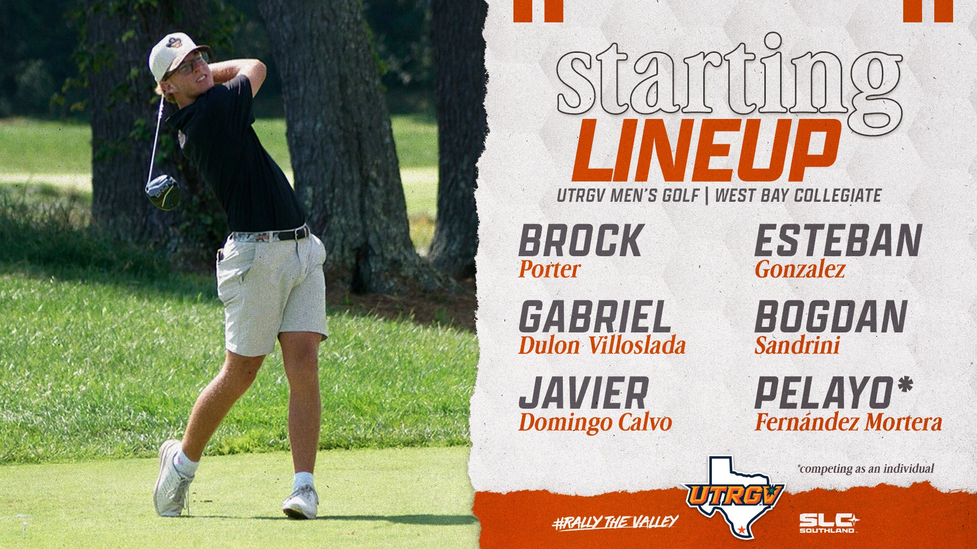 UTRGV Men's Golf | Starting Lineup | West Bay Collegiate | Brock Porter | Gabriel Dulon VIlloslada | Javier Domingo Calvo | Esteban Gonzalez | Bogdan Sandrini | Pelayo Fernandez Mortera* | *Competing as an individual | Photo of Brock Porter