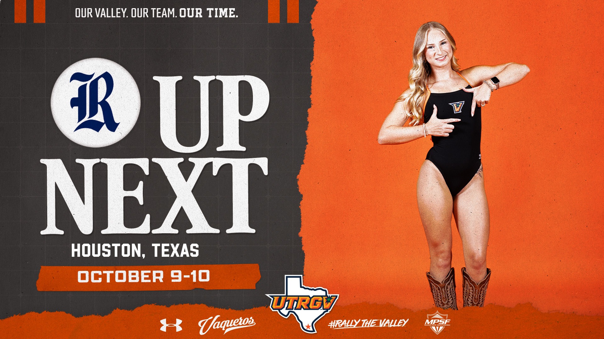 UP NEXT graphic for swimming and diving at Rice Fall Splash 
