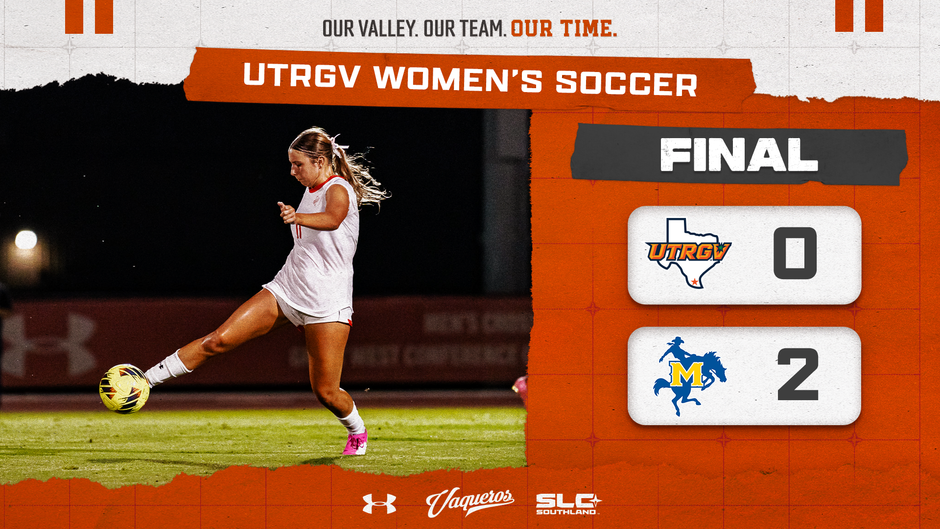 Image is an orange graphic with a photo of a soccer player in a white uniform kicking a ball and it reads Final UTRGV Women's Soccer 0 McNeese 3