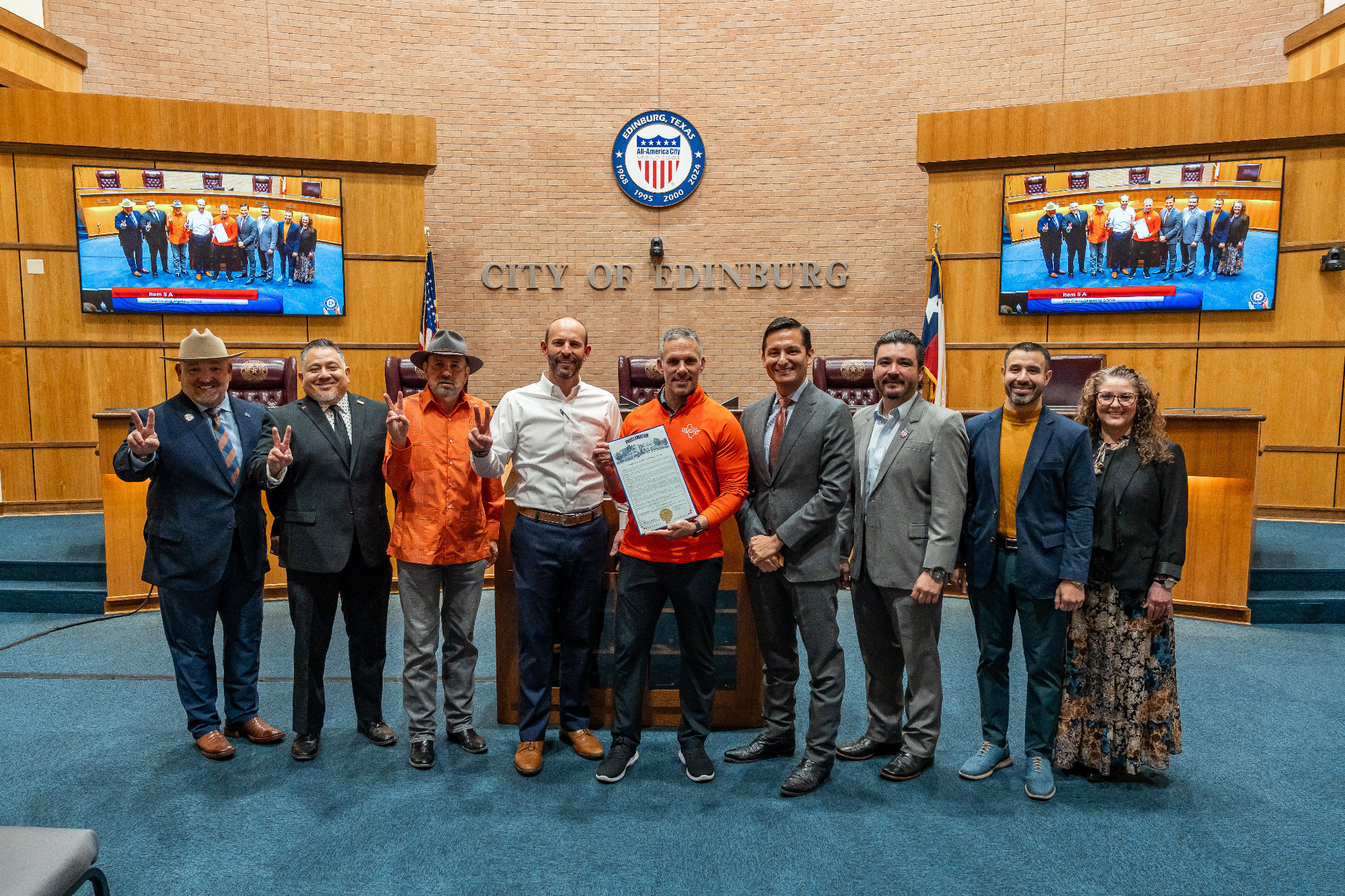 Edinburg City Council and Mayor with Chasse Conque, Coach Bush and Dr. Bailey