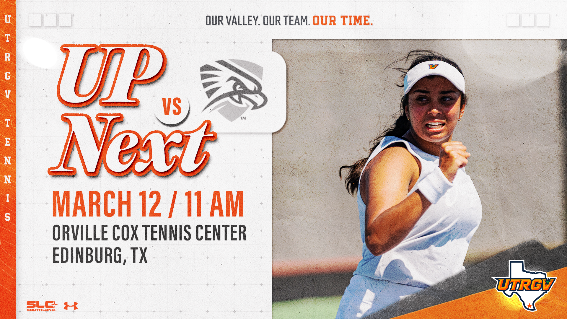 Image on Right: Rhea Makesar; Info on Left: UTRGV Women's Tennis | Up Next | vs. UT Permian Basin | March 12 - 11 a.m. | Orville Cox Tennis Center
