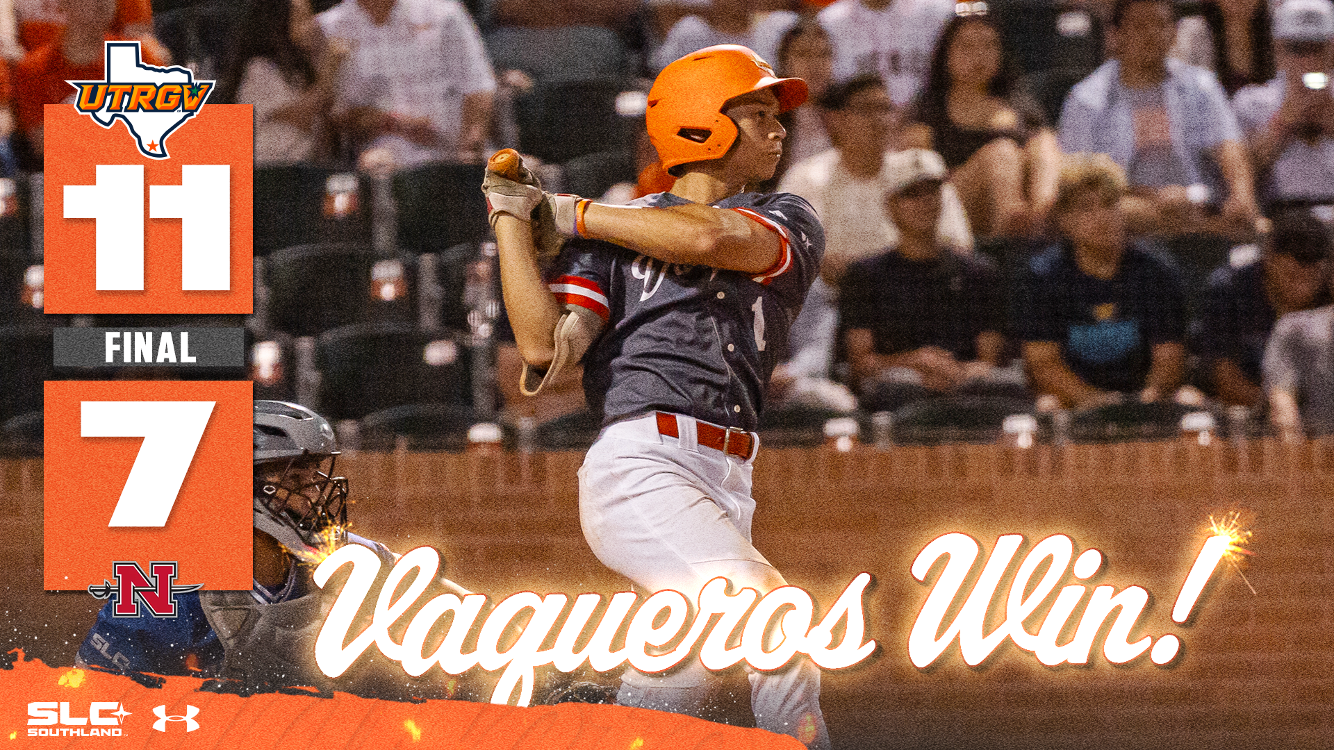 UTRGV Logo 11 Final 7 Nicholls Logo Vaqueros Win! over photo of Thomas Williams swinging a bat
